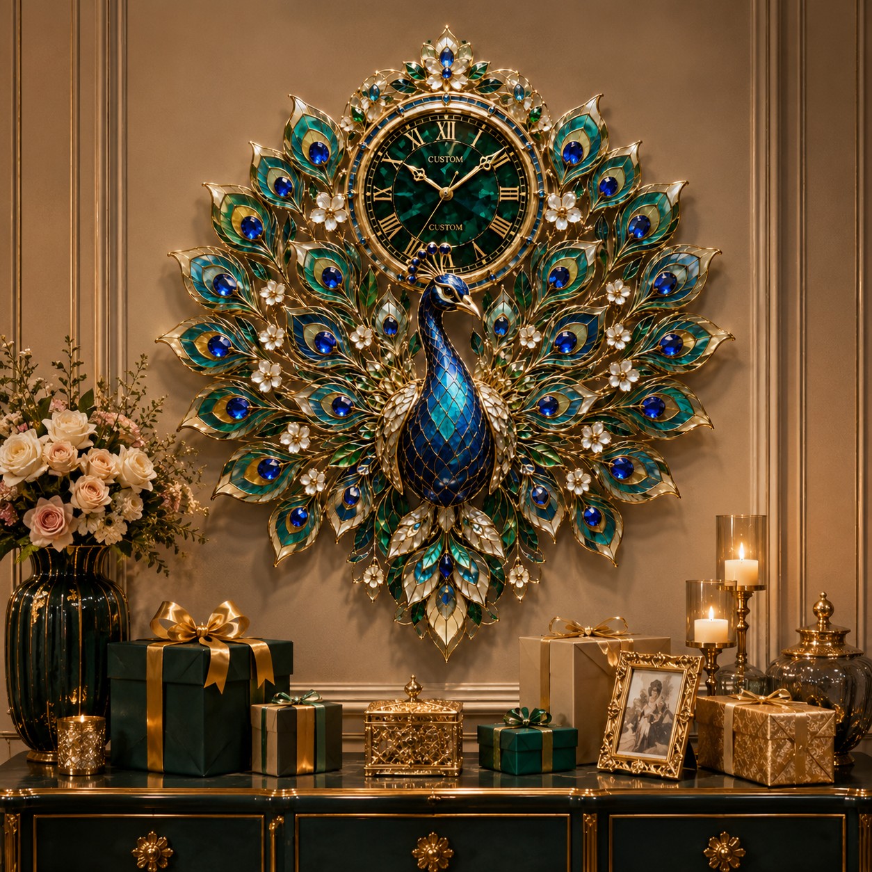 Personalized Peacock Wall Clock with Custom Name — personalized with a custom name
