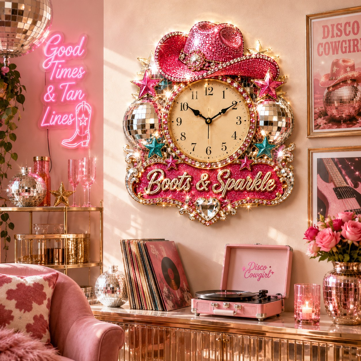 Personalized Disco Cowgirl Wall Clock, Custom Name Gift for Cowgirls — personalized with a custom name