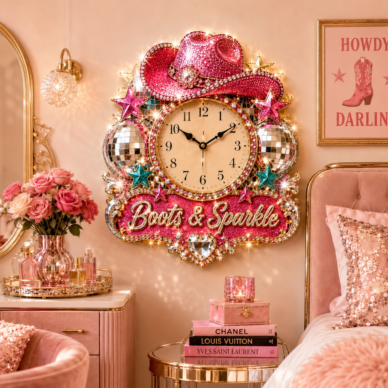 Personalized Disco Cowgirl Wall Clock, Custom Name Gift for Cowgirls — personalized with a custom name