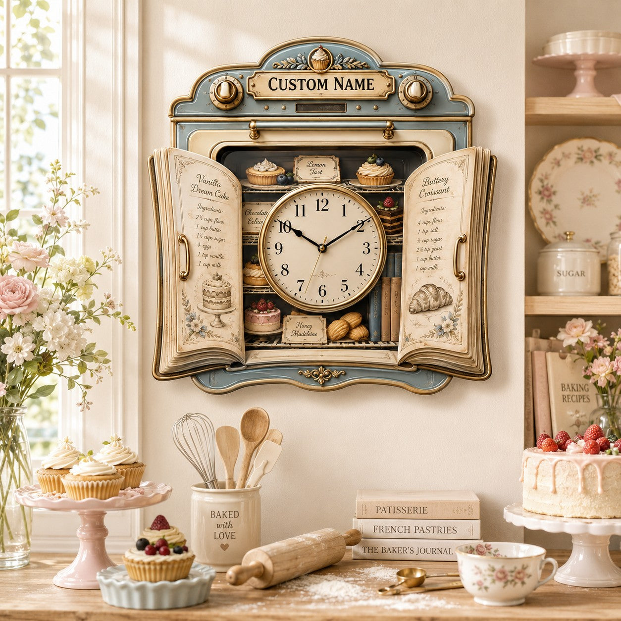 Personalized Baker Book Lovers Wall Clock, Custom Name Gift for Bakers — personalized with a custom name