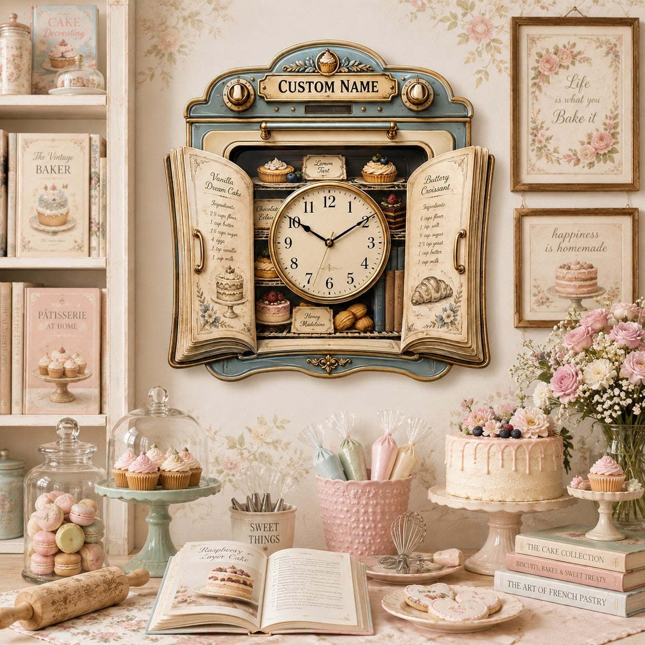 Personalized Baker Book Lovers Wall Clock, Custom Name Gift for Bakers — personalized with a custom name