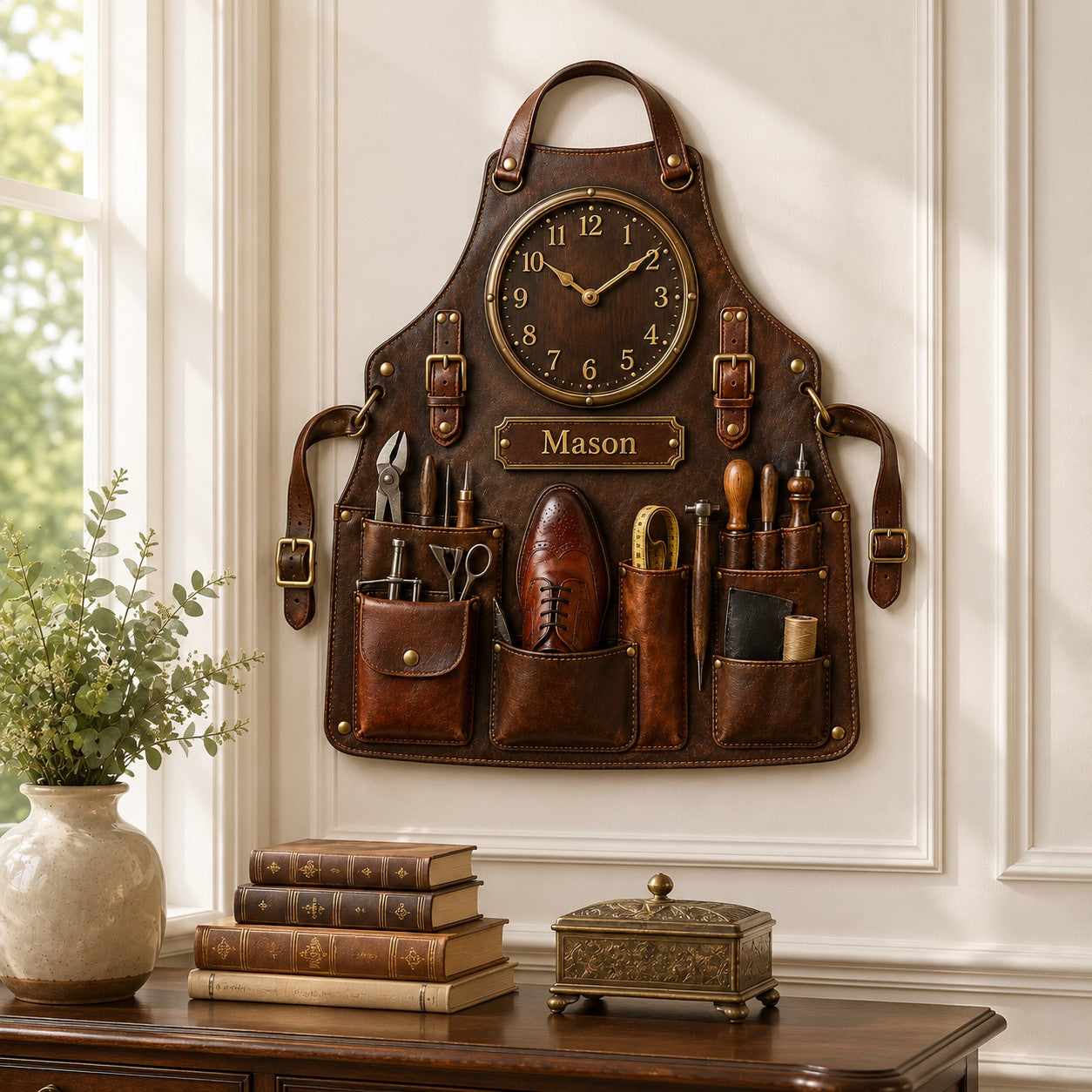 Personalized Shoemaker Apron Wall Clock with Custom Name — personalized with a custom name