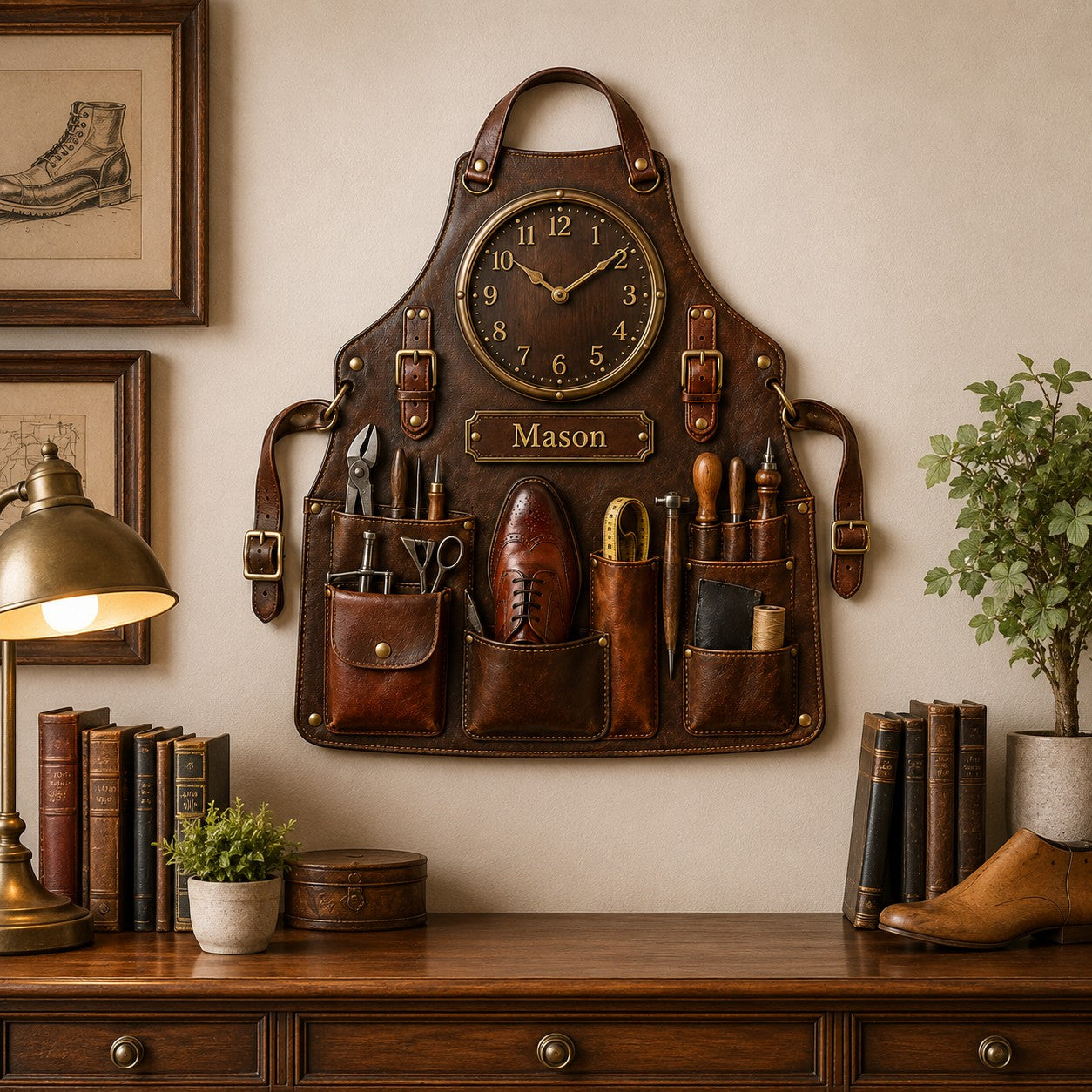 Personalized Shoemaker Apron Wall Clock with Custom Name — personalized with a custom name