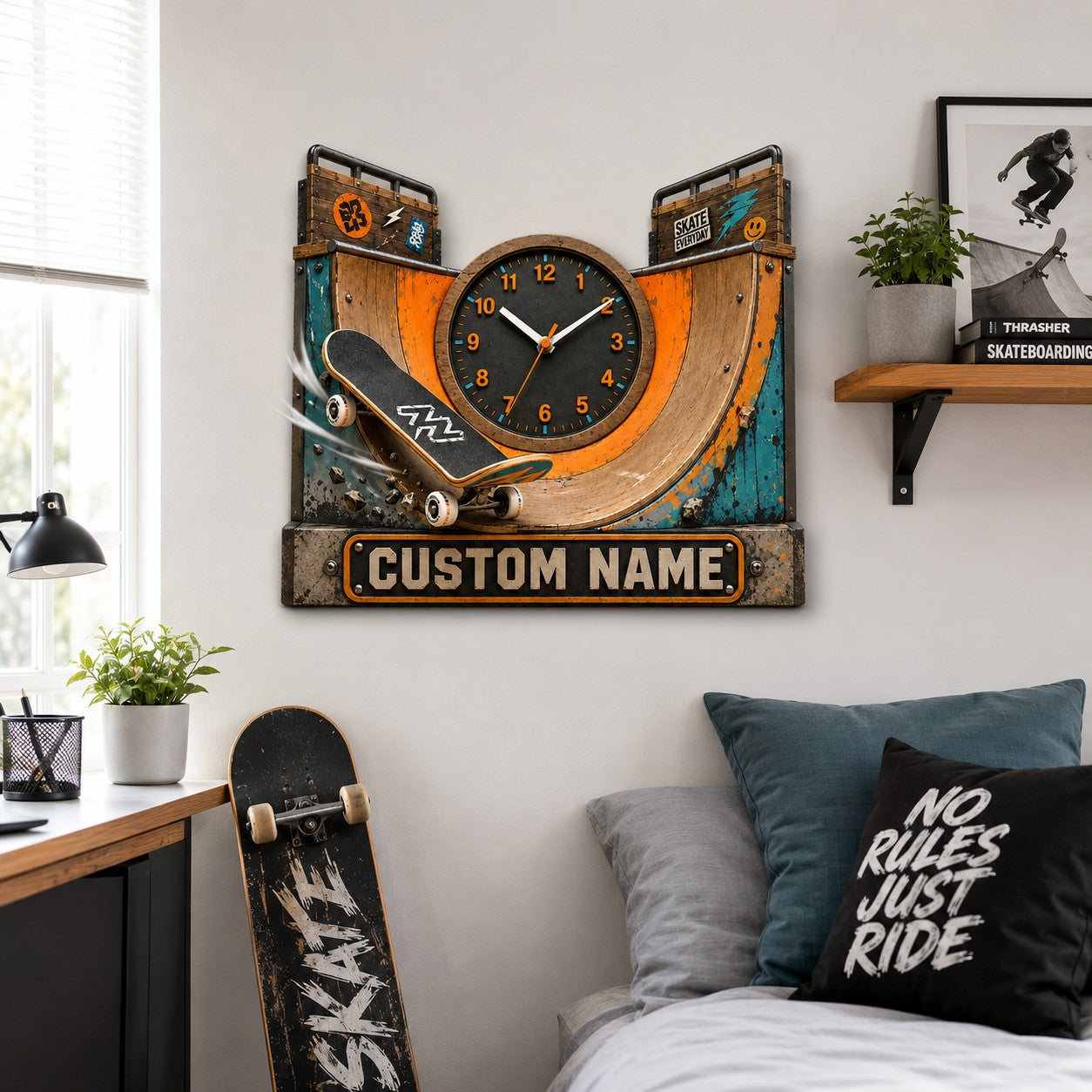 Personalized Skatepark Wall Clock with Custom Name — personalized with a custom name