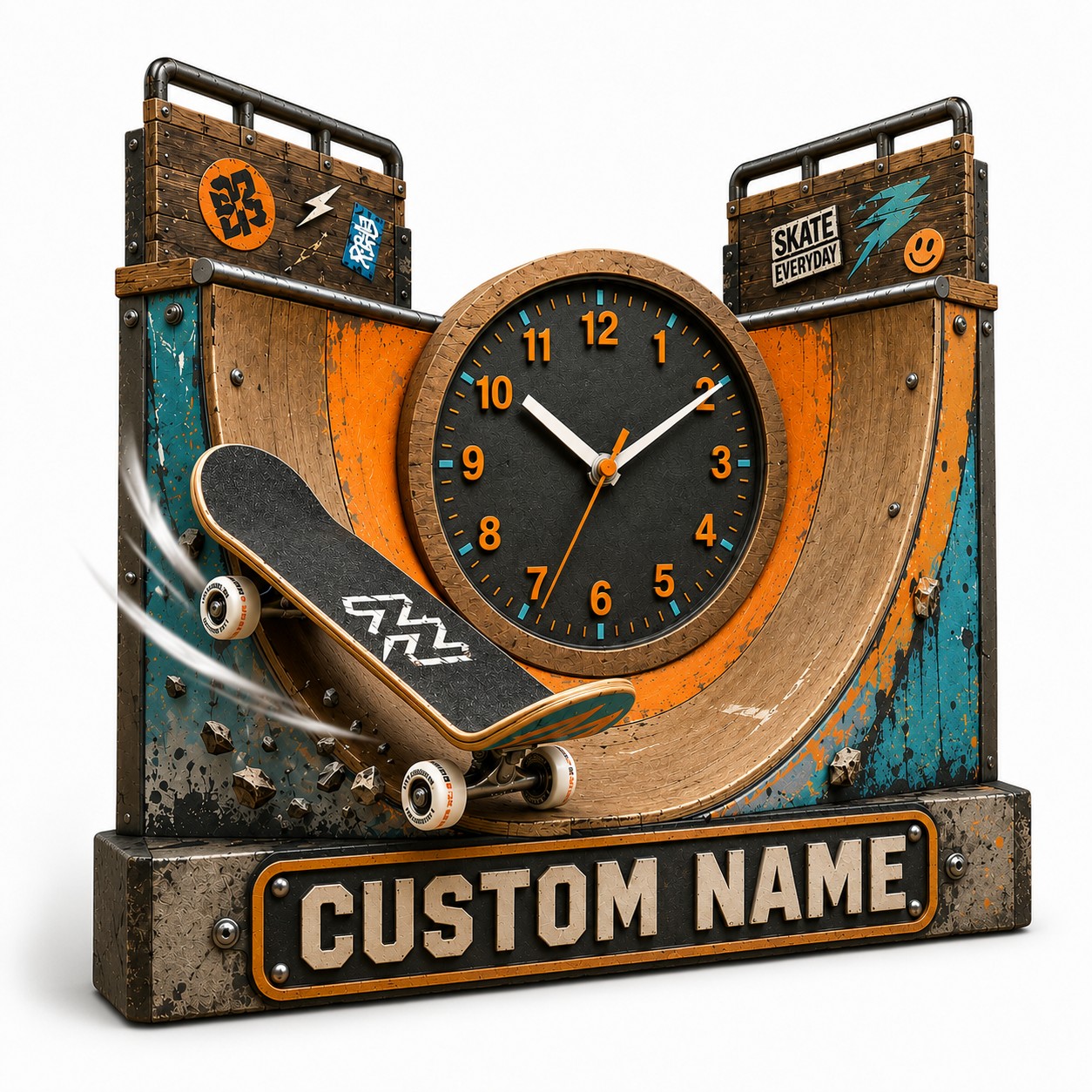 Personalized Skatepark Wall Clock with Custom Name — personalized with a custom name