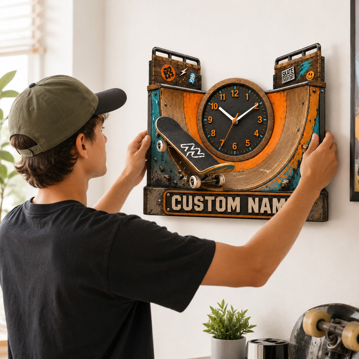 Personalized Skatepark Wall Clock with Custom Name — personalized with a custom name