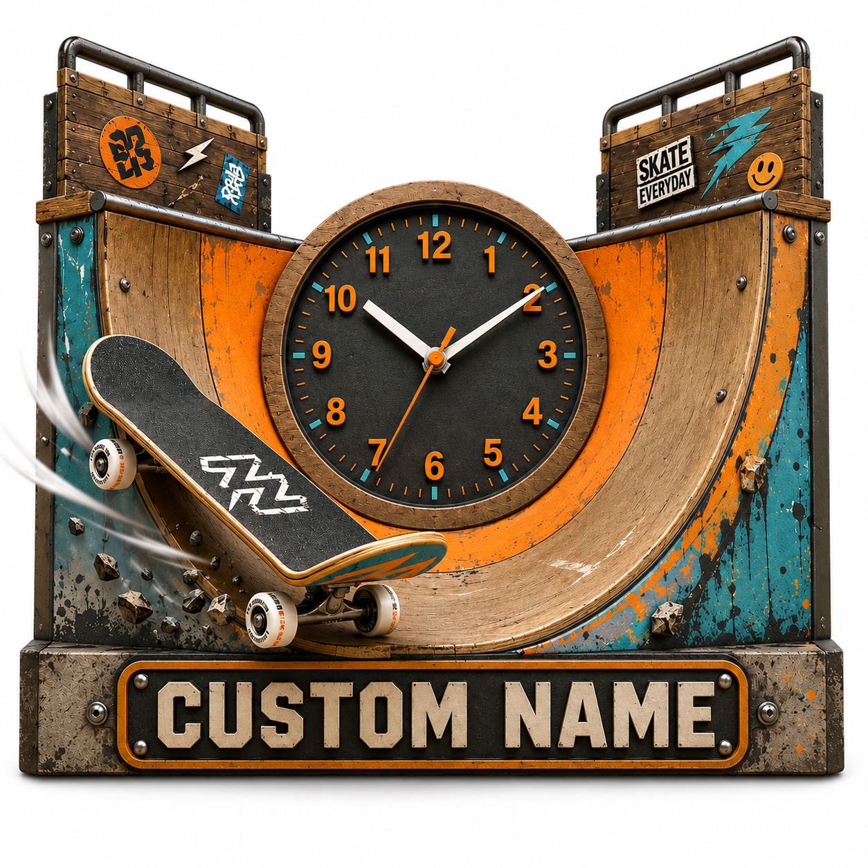 Personalized Skatepark Wall Clock with Custom Name — personalized with a custom name