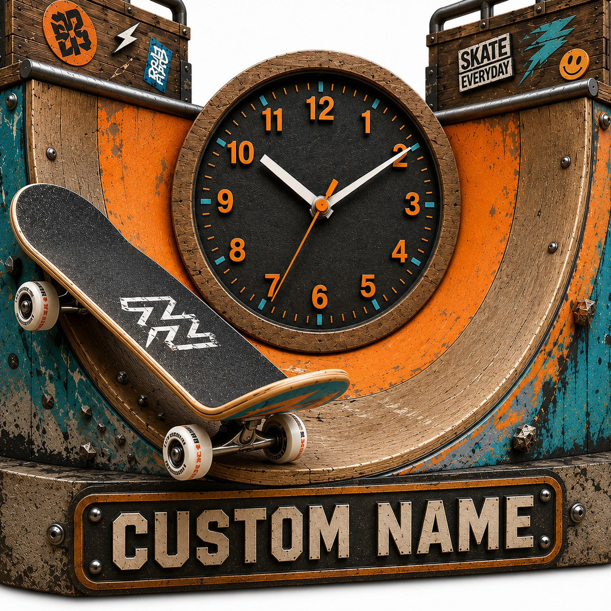 Personalized Skatepark Wall Clock with Custom Name — personalized with a custom name