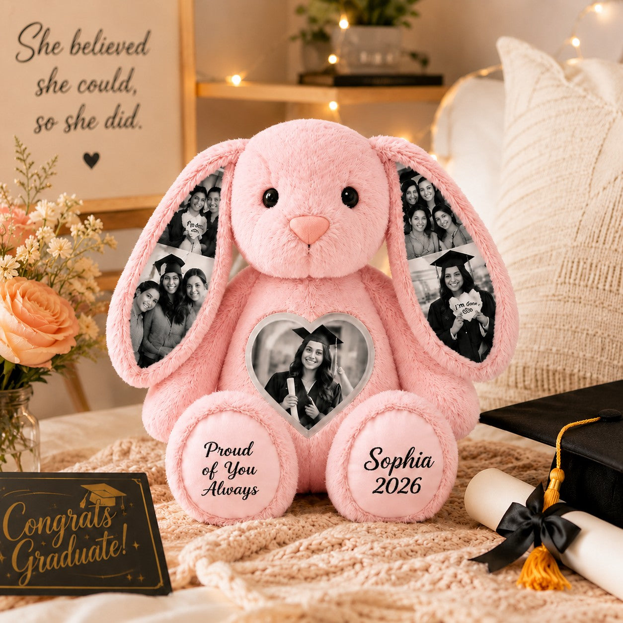 Personalized Graduation Bunny Wall Clock with Custom Name — personalized with a custom name