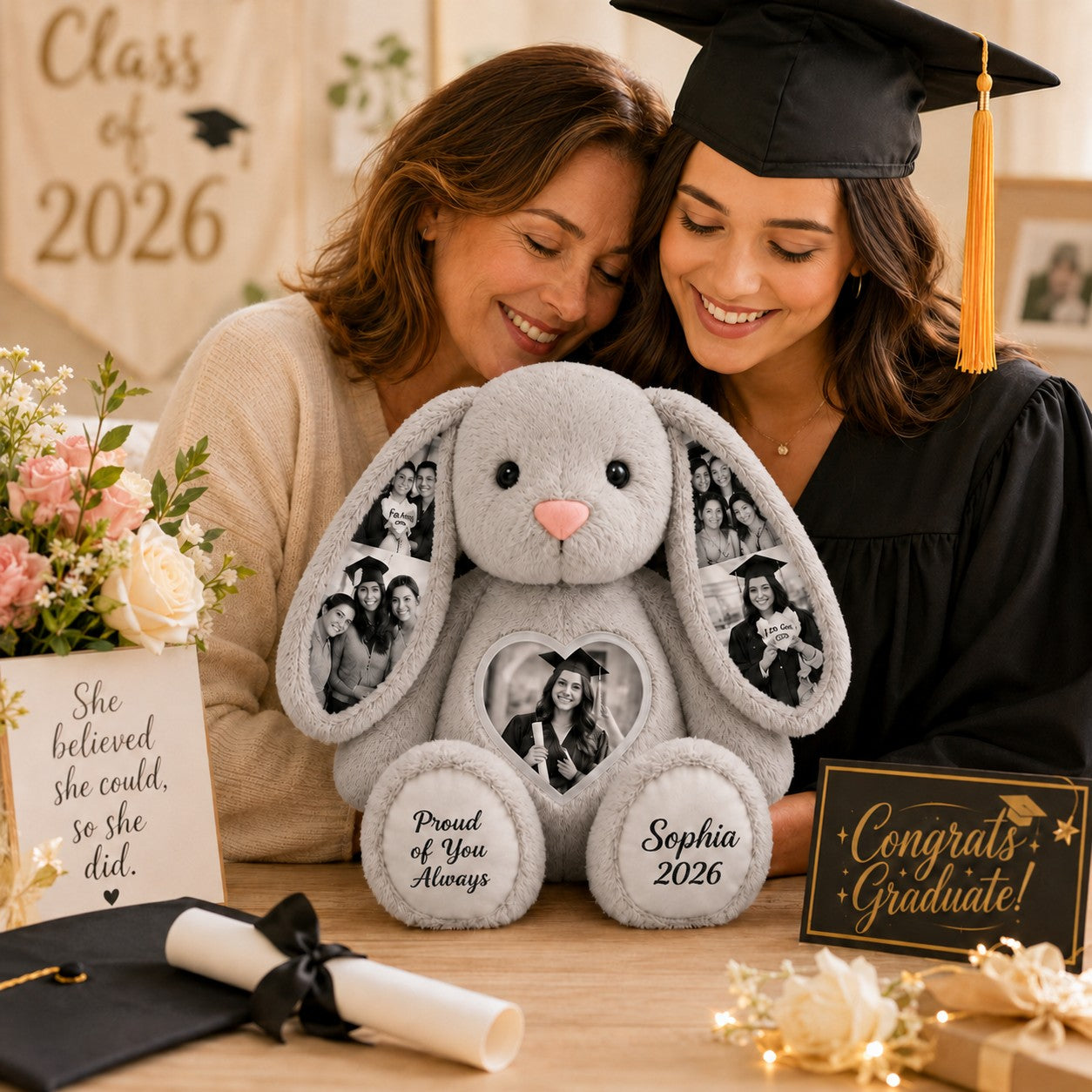 Personalized Graduation Bunny Wall Clock with Custom Name — personalized with a custom name