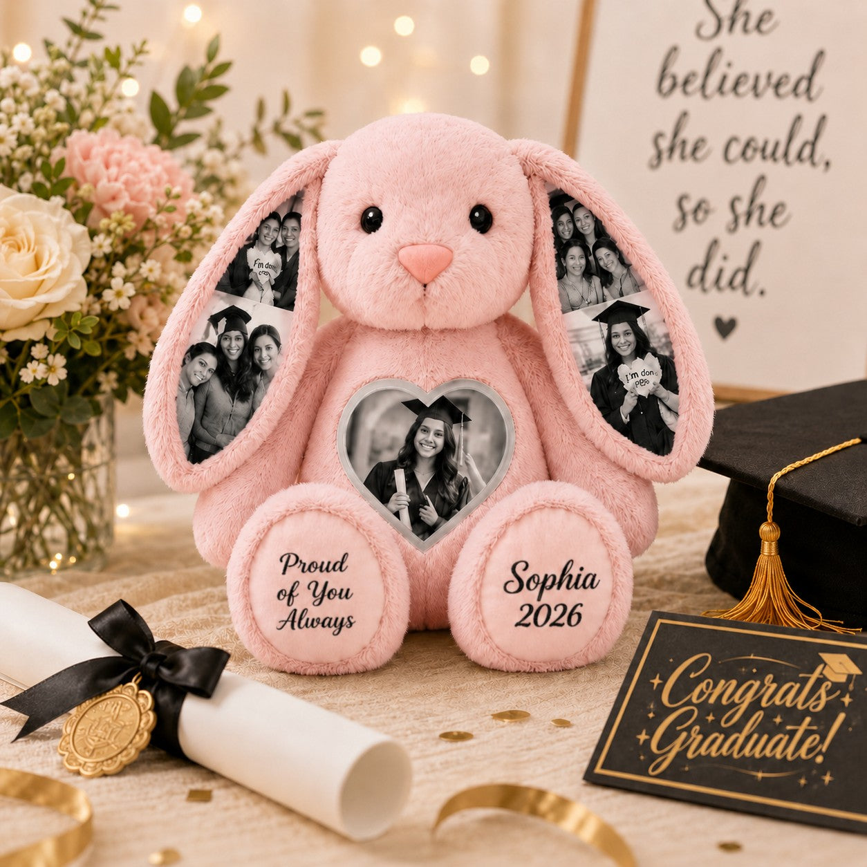 Personalized Graduation Bunny Wall Clock with Custom Name — personalized with a custom name