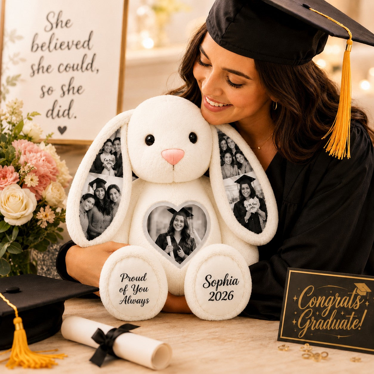 Personalized Graduation Bunny Wall Clock with Custom Name — personalized with a custom name