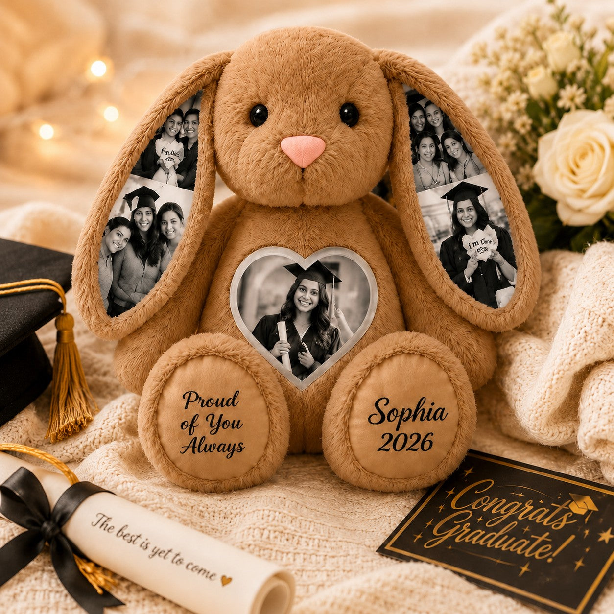Personalized Graduation Bunny Wall Clock with Custom Name — personalized with a custom name