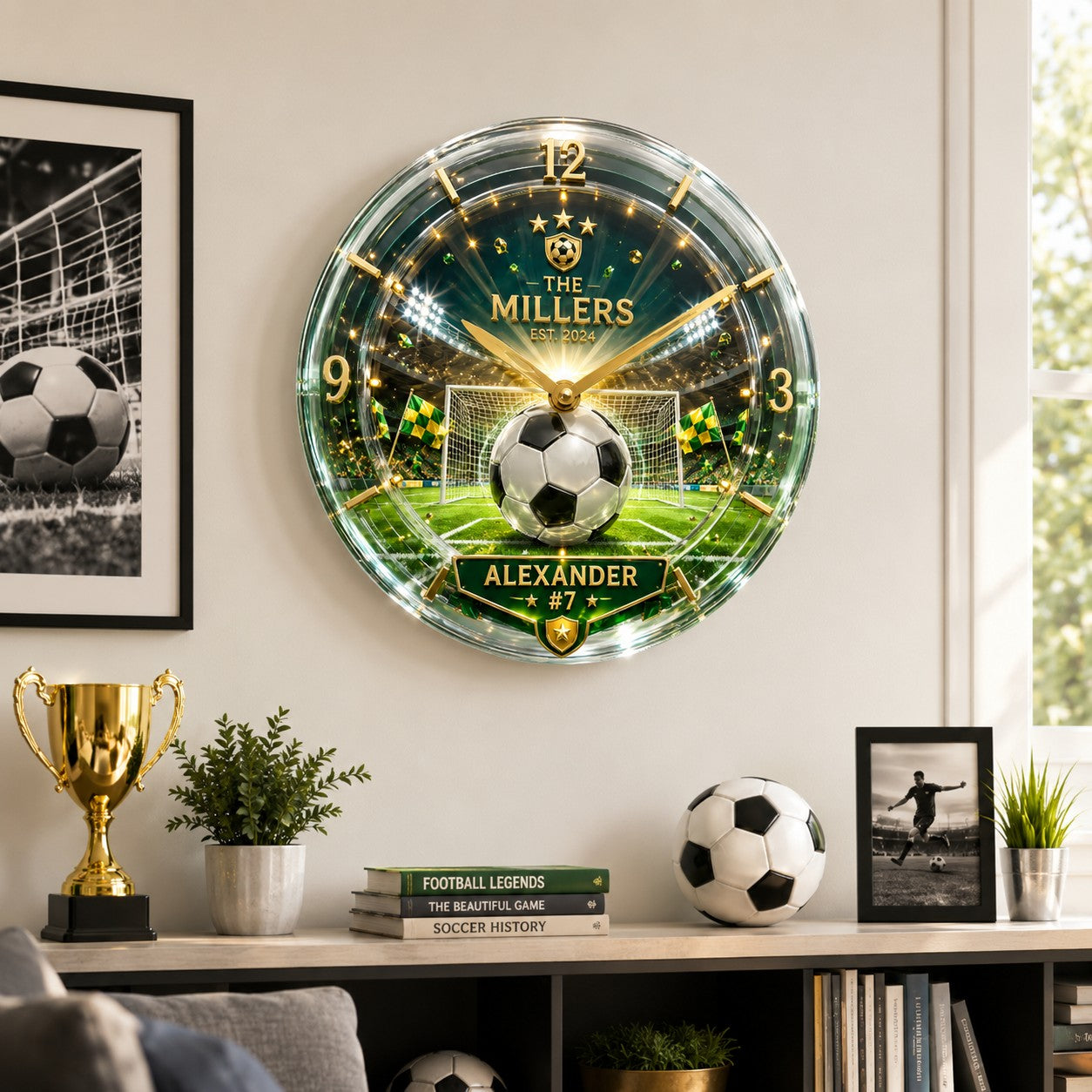 Personalized Soccer Wall Wall Clock, Custom Name Gift for Soccer Fans — personalized with a custom name