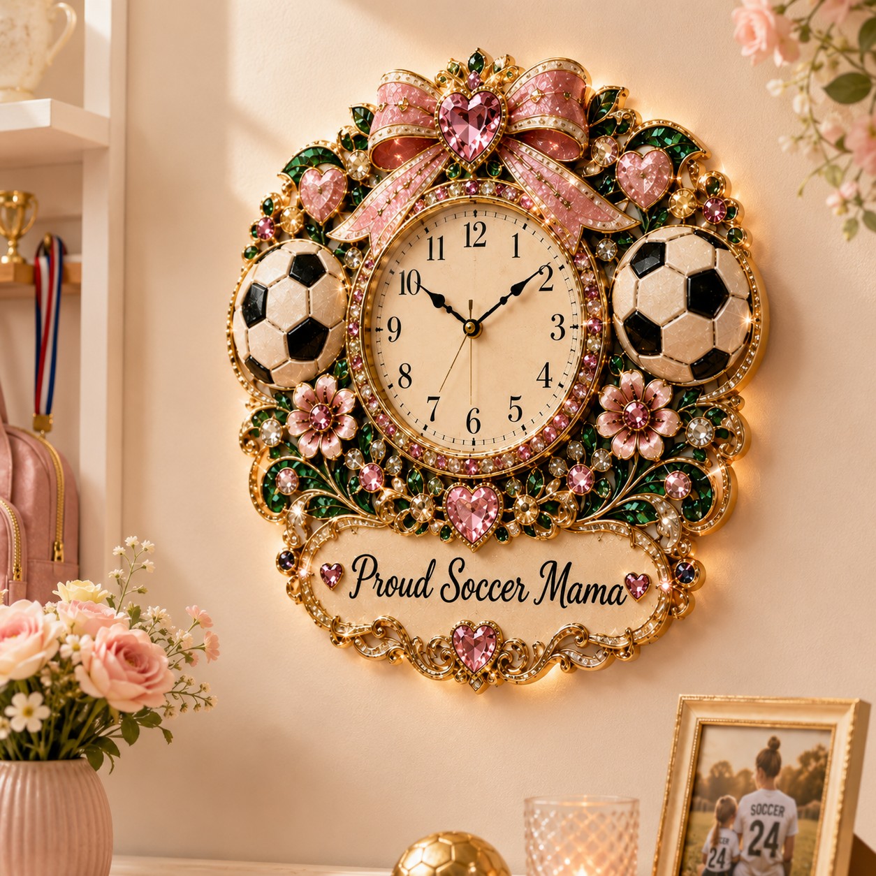 Personalized Soccer Mama Wall Clock, Custom Name Gift for Soccer Fans — personalized with a custom name