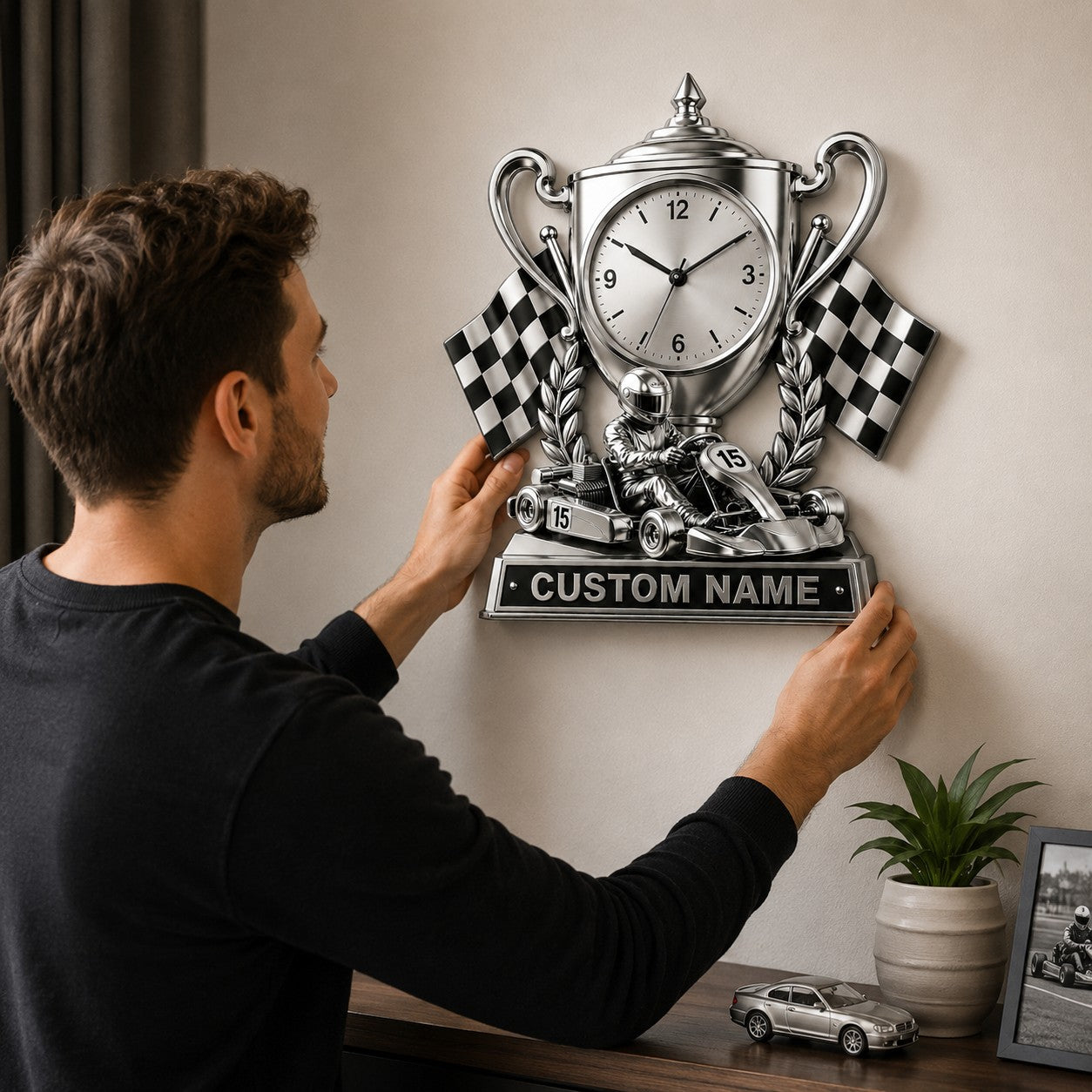 Personalized Young Go-kart Drivers Wall Clock with Custom Name — personalized with a custom name