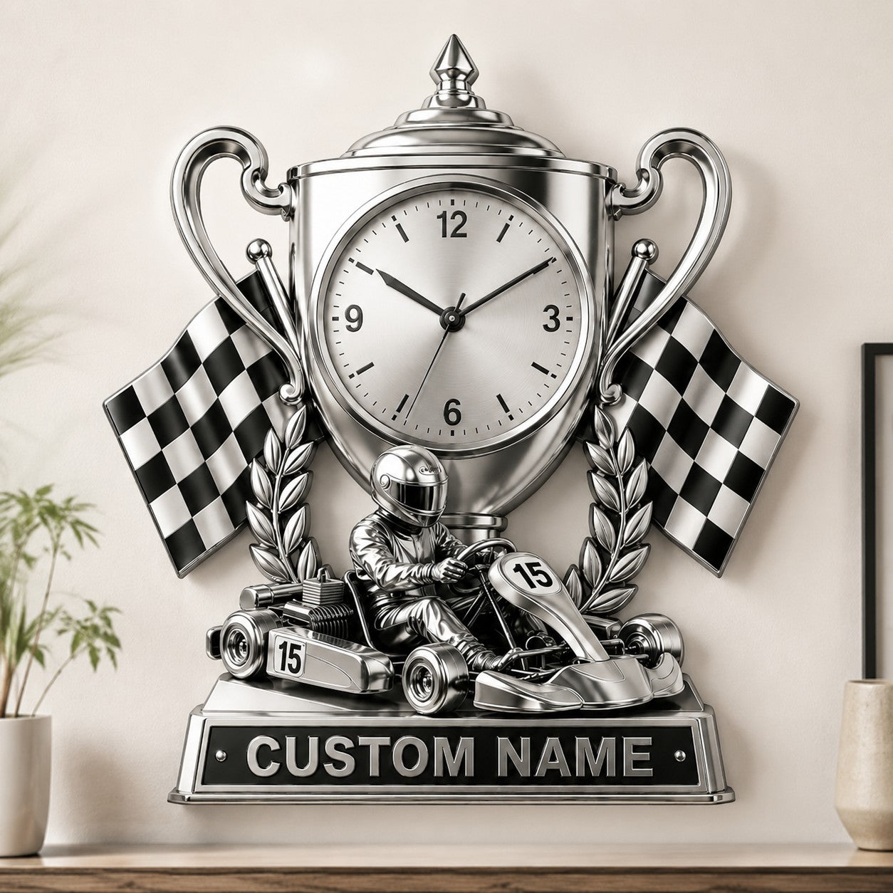 Personalized Young Go-kart Drivers Wall Clock with Custom Name — personalized with a custom name
