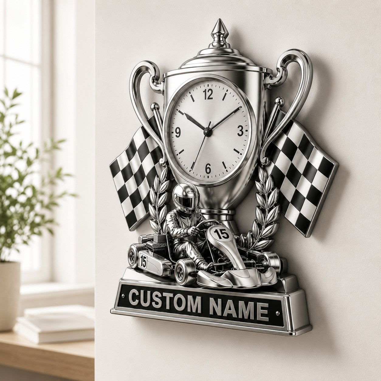 Personalized Young Go-kart Drivers Wall Clock with Custom Name — personalized with a custom name