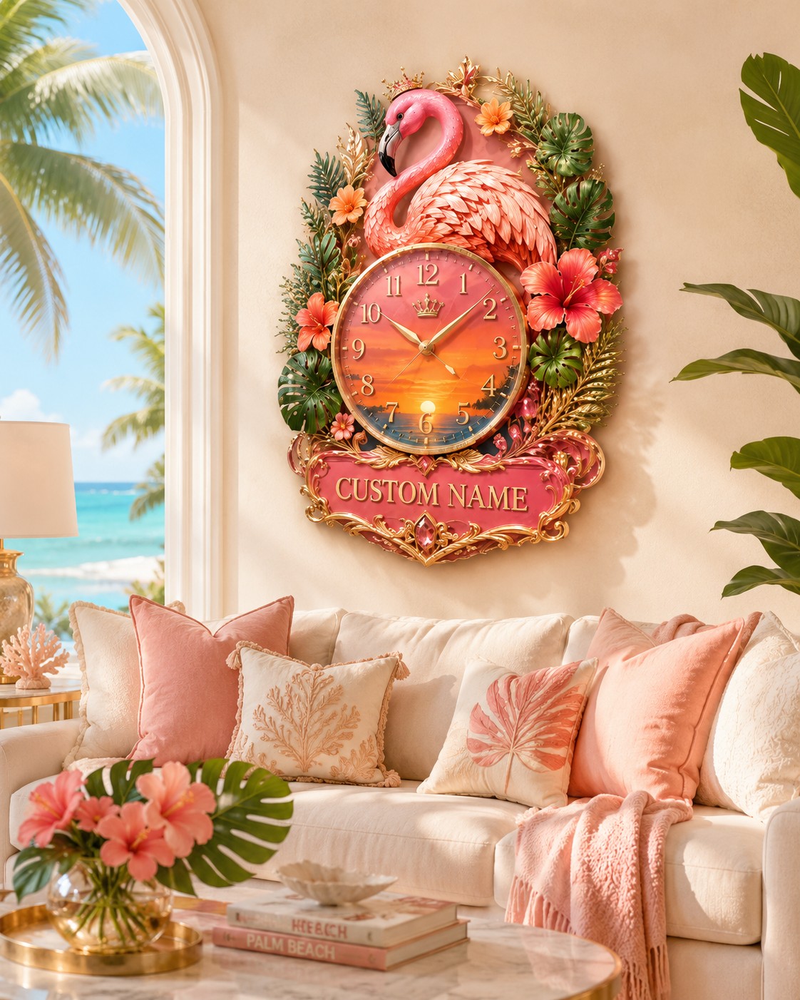 Personalized Tropical Flamingo Wall Clock with Custom Name — personalized with a custom name