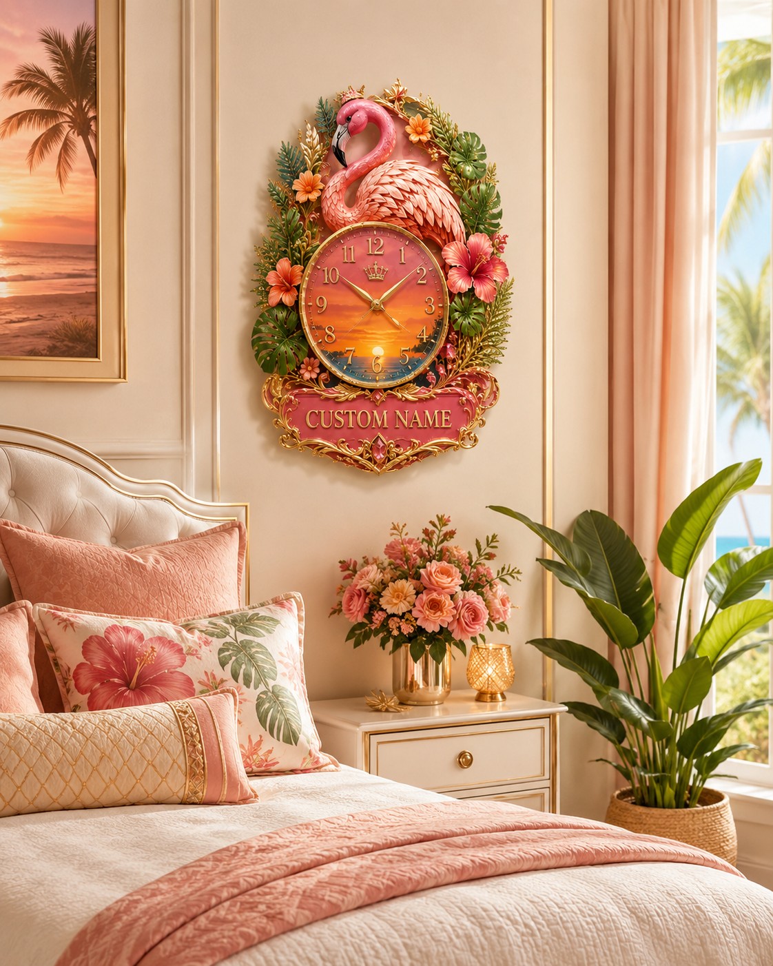 Personalized Tropical Flamingo Wall Clock with Custom Name — personalized with a custom name