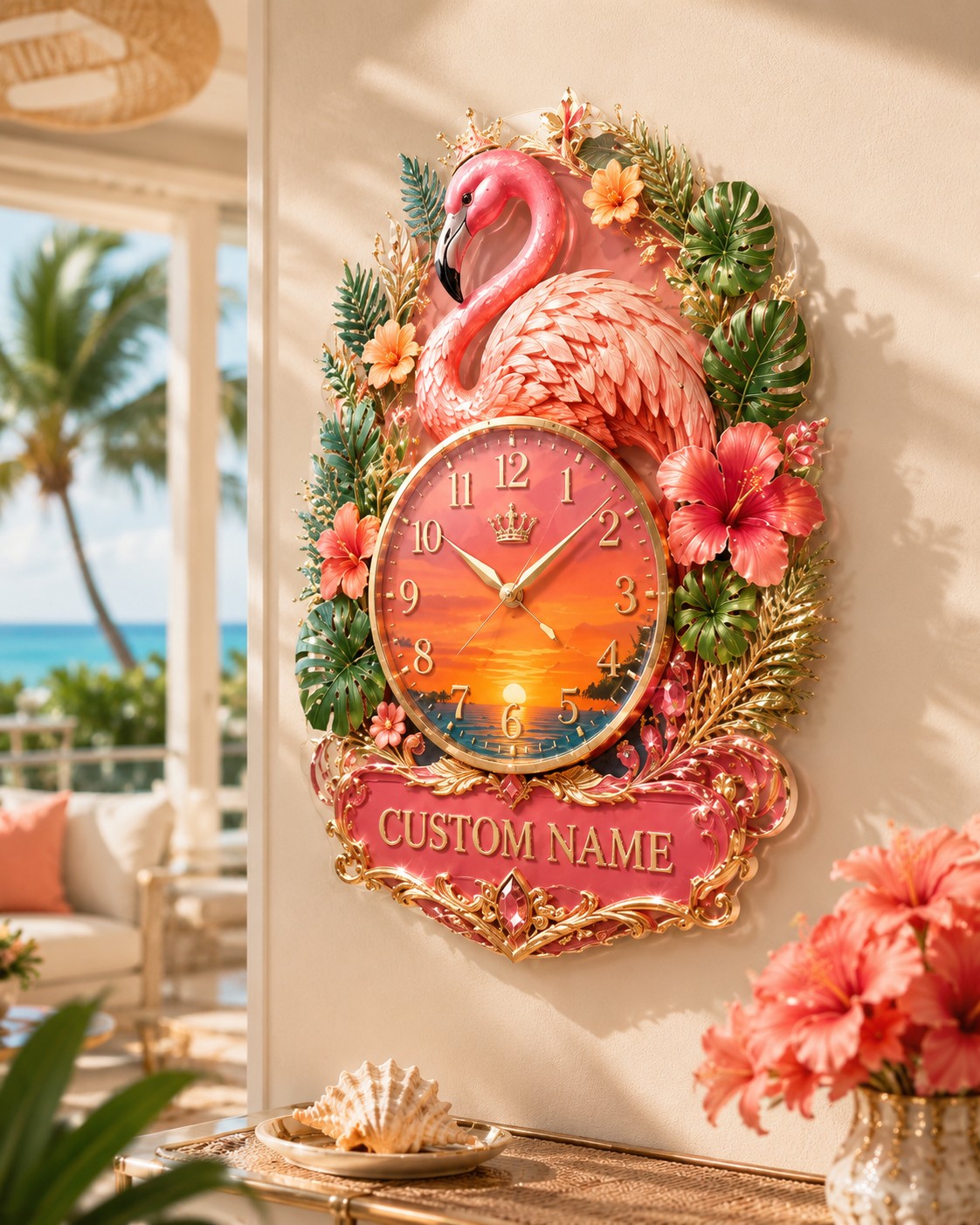 Personalized Tropical Flamingo Wall Clock with Custom Name — personalized with a custom name