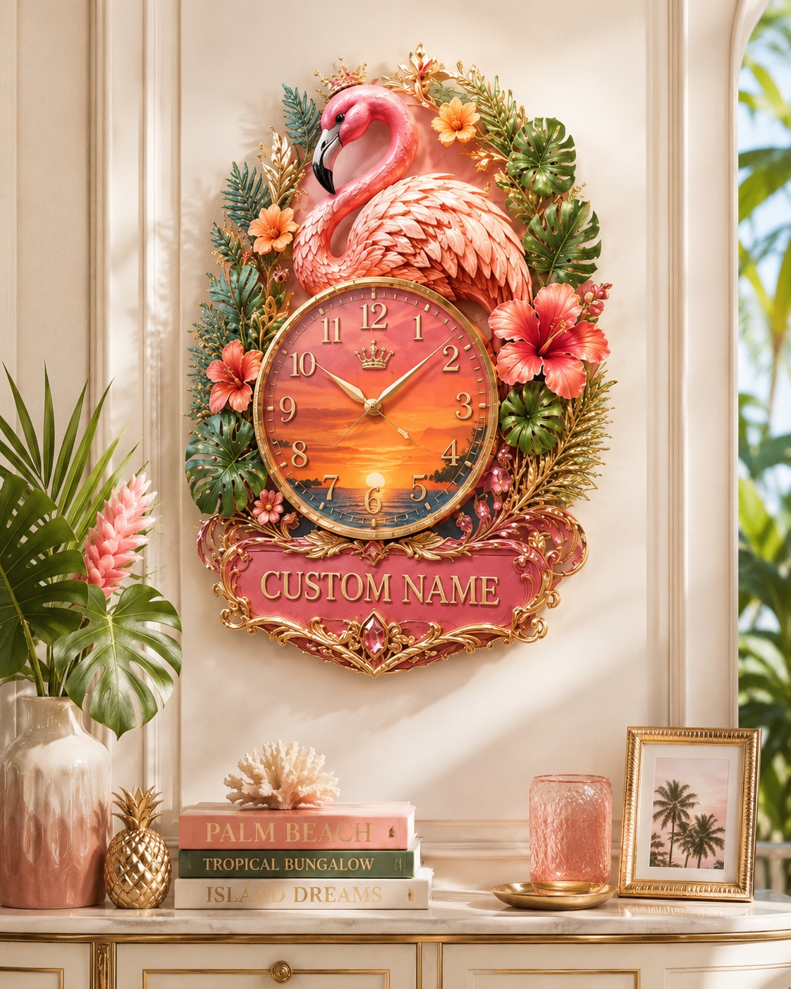 Personalized Tropical Flamingo Wall Clock with Custom Name — personalized with a custom name