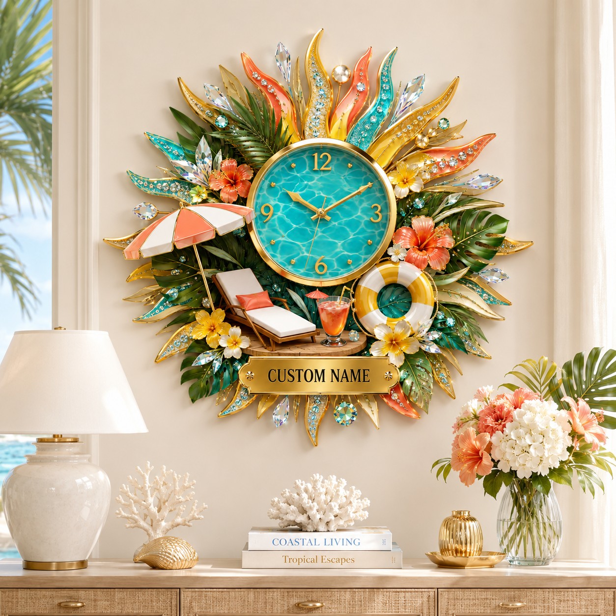 Personalized Tropical Luxury Interiors Wall Clock with Custom Name — personalized with a custom name