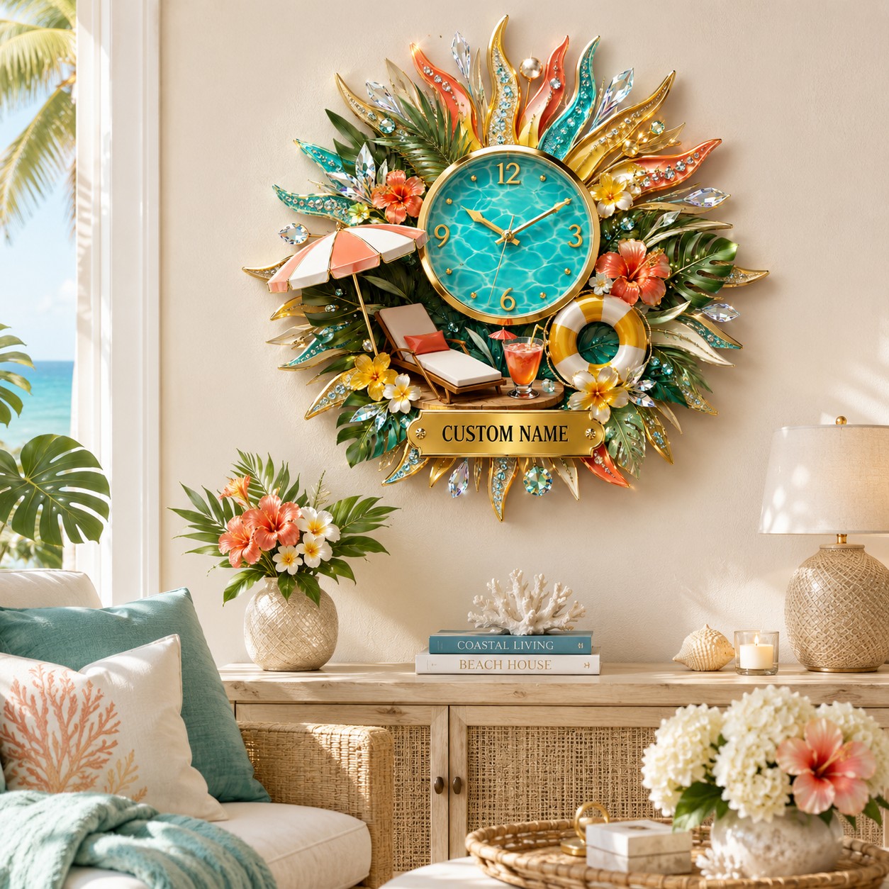 Personalized Tropical Luxury Interiors Wall Clock with Custom Name — personalized with a custom name