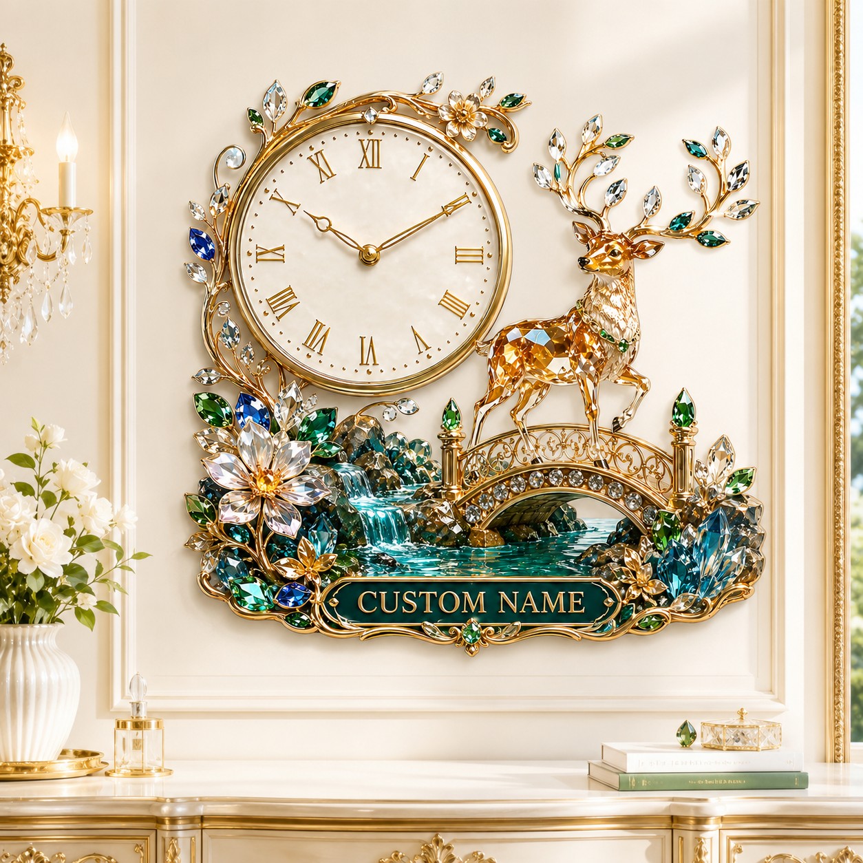 Personalized Jeweled Deer Bridge Wall Clock with Custom Name — personalized with a custom name
