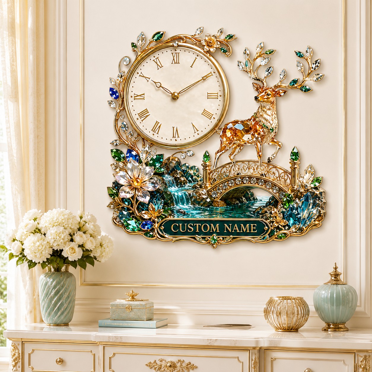 Personalized Jeweled Deer Bridge Wall Clock with Custom Name — personalized with a custom name