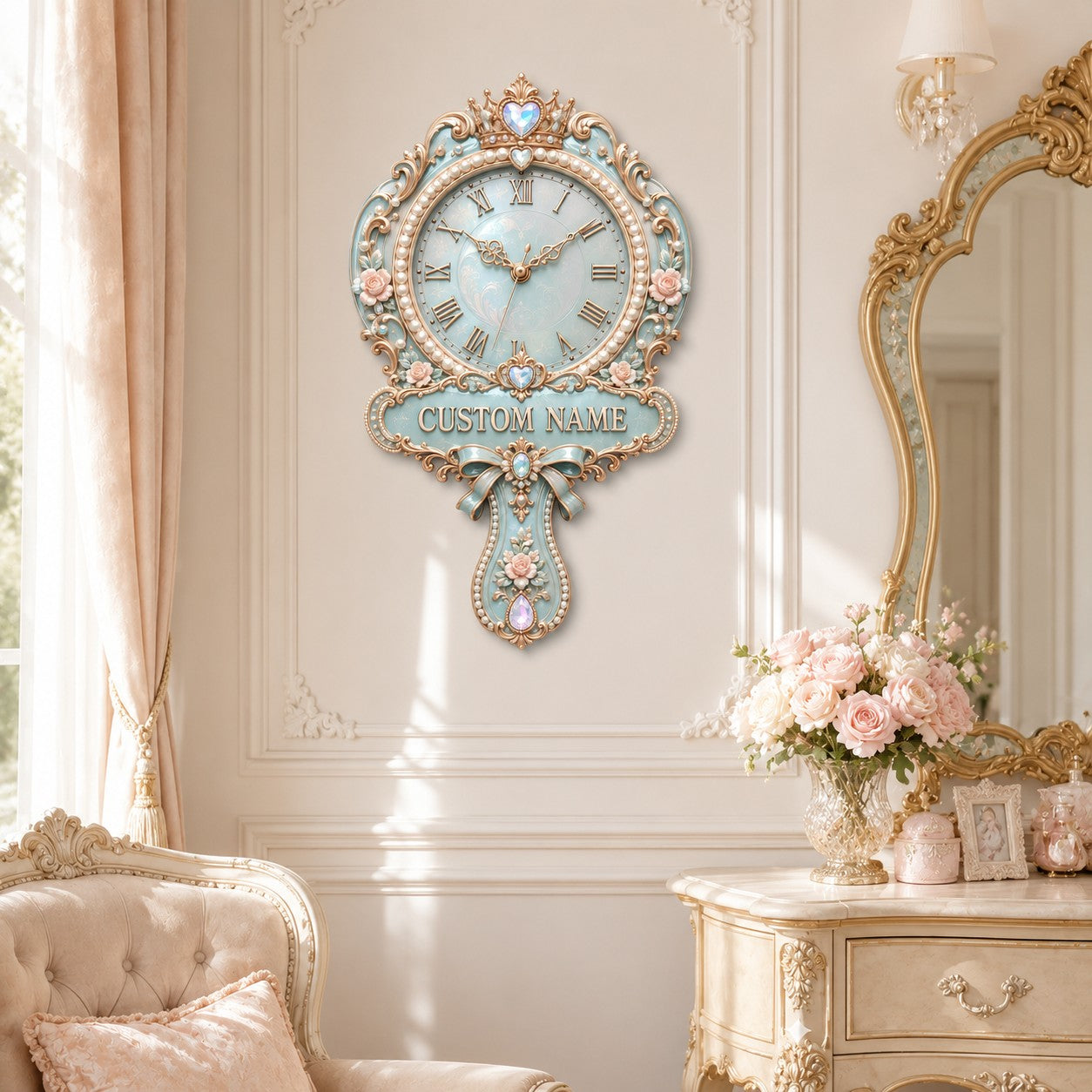 Personalized Princess Hand Mirror Wall Clock with Custom Name — personalized with a custom name