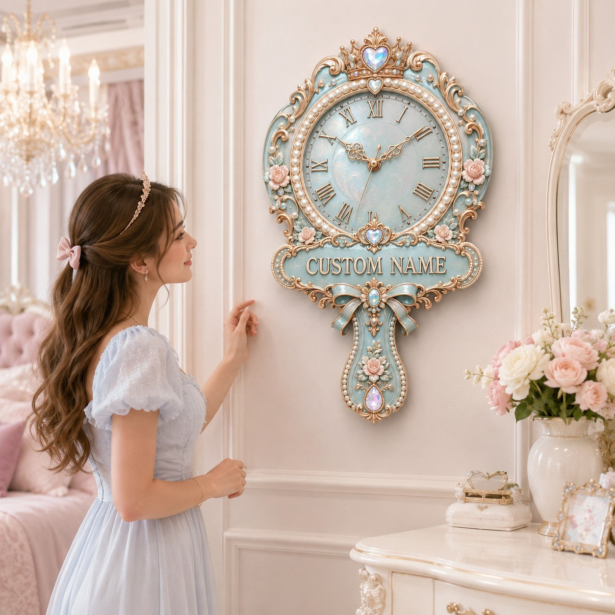 Personalized Princess Hand Mirror Wall Clock with Custom Name — personalized with a custom name