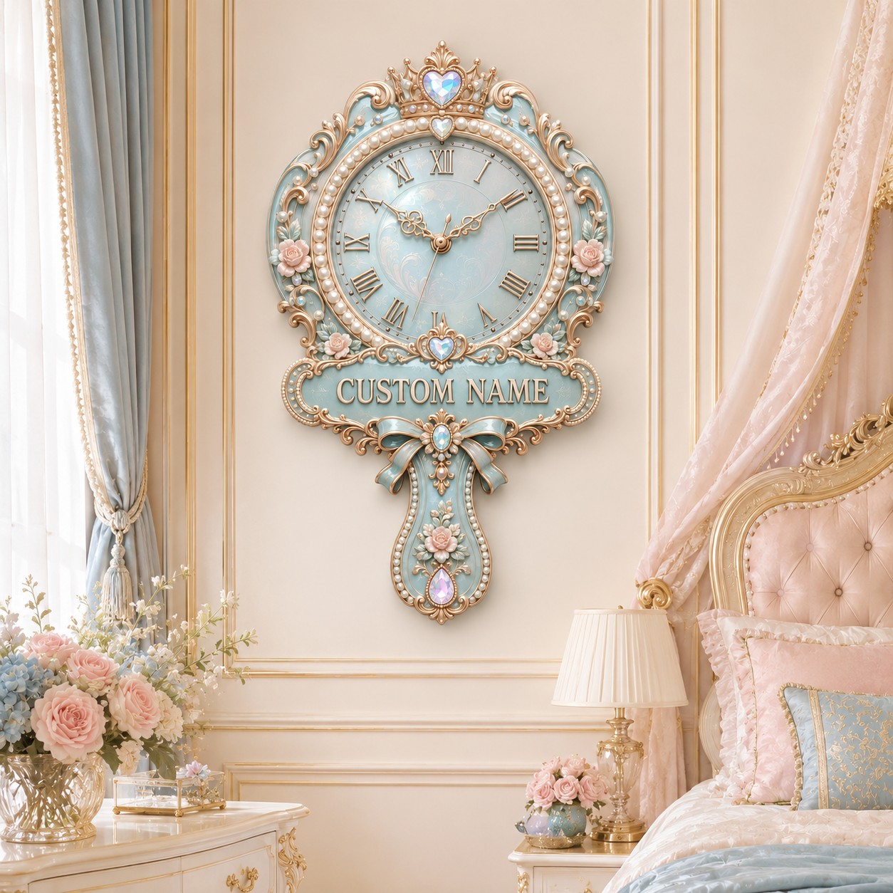 Personalized Princess Hand Mirror Wall Clock with Custom Name — personalized with a custom name
