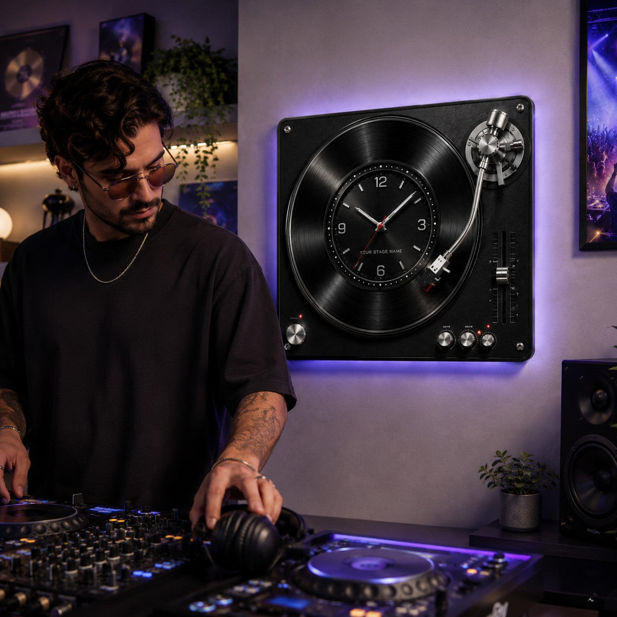 Personalized DJ Turntable Wall Clock with Custom Name — personalized with a custom name