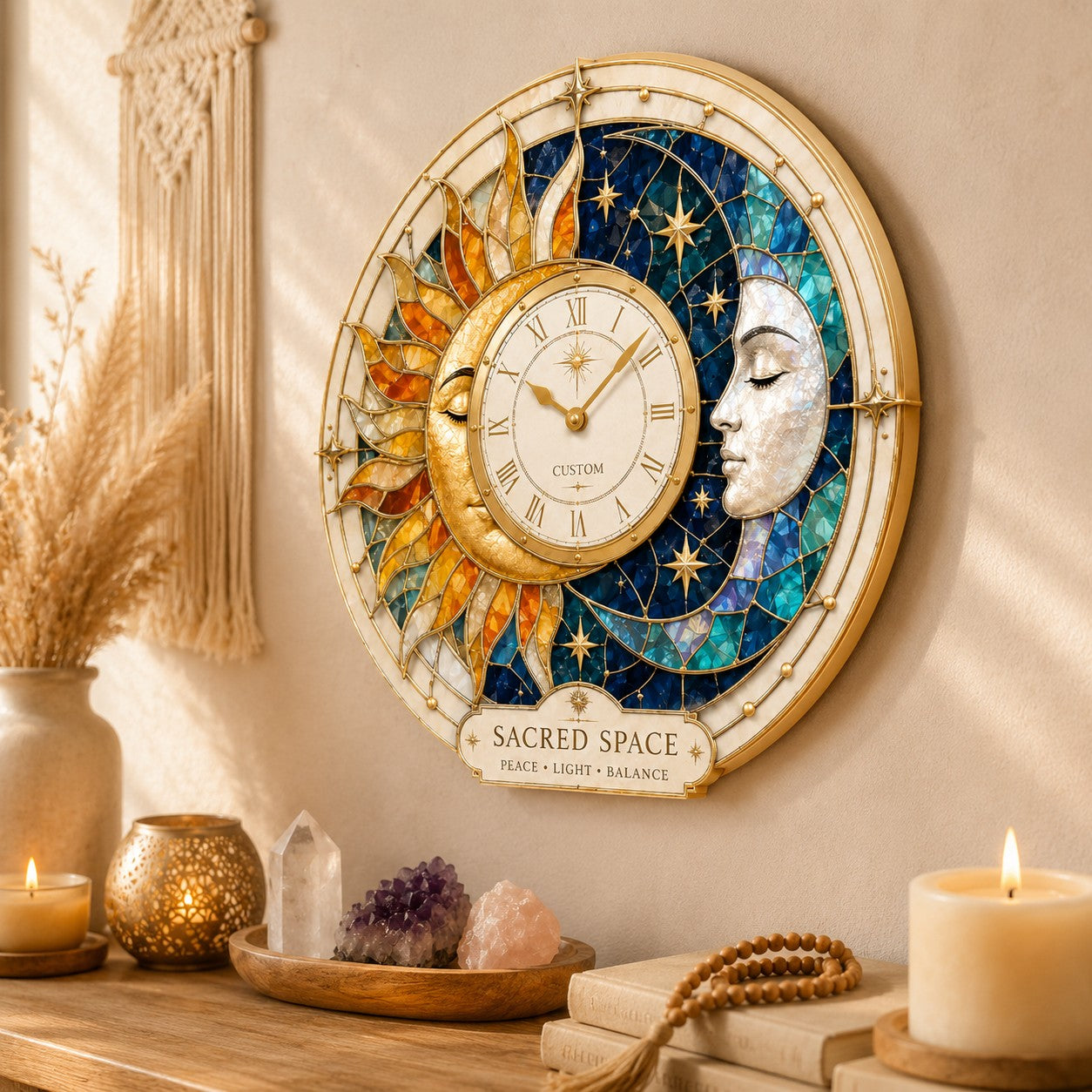 Personalized Sun Moon Sacred Space Wall Clock with Custom Name — personalized with a custom name