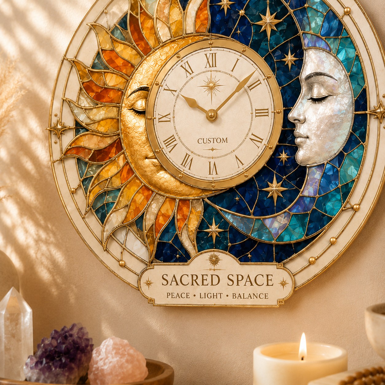 Personalized Sun Moon Sacred Space Wall Clock with Custom Name — personalized with a custom name