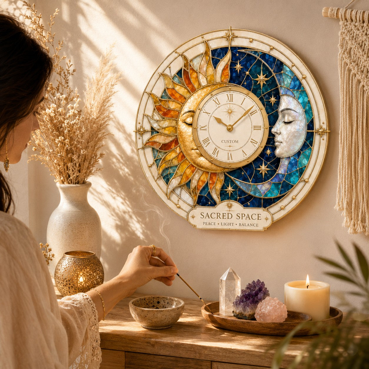 Personalized Sun Moon Sacred Space Wall Clock with Custom Name — personalized with a custom name