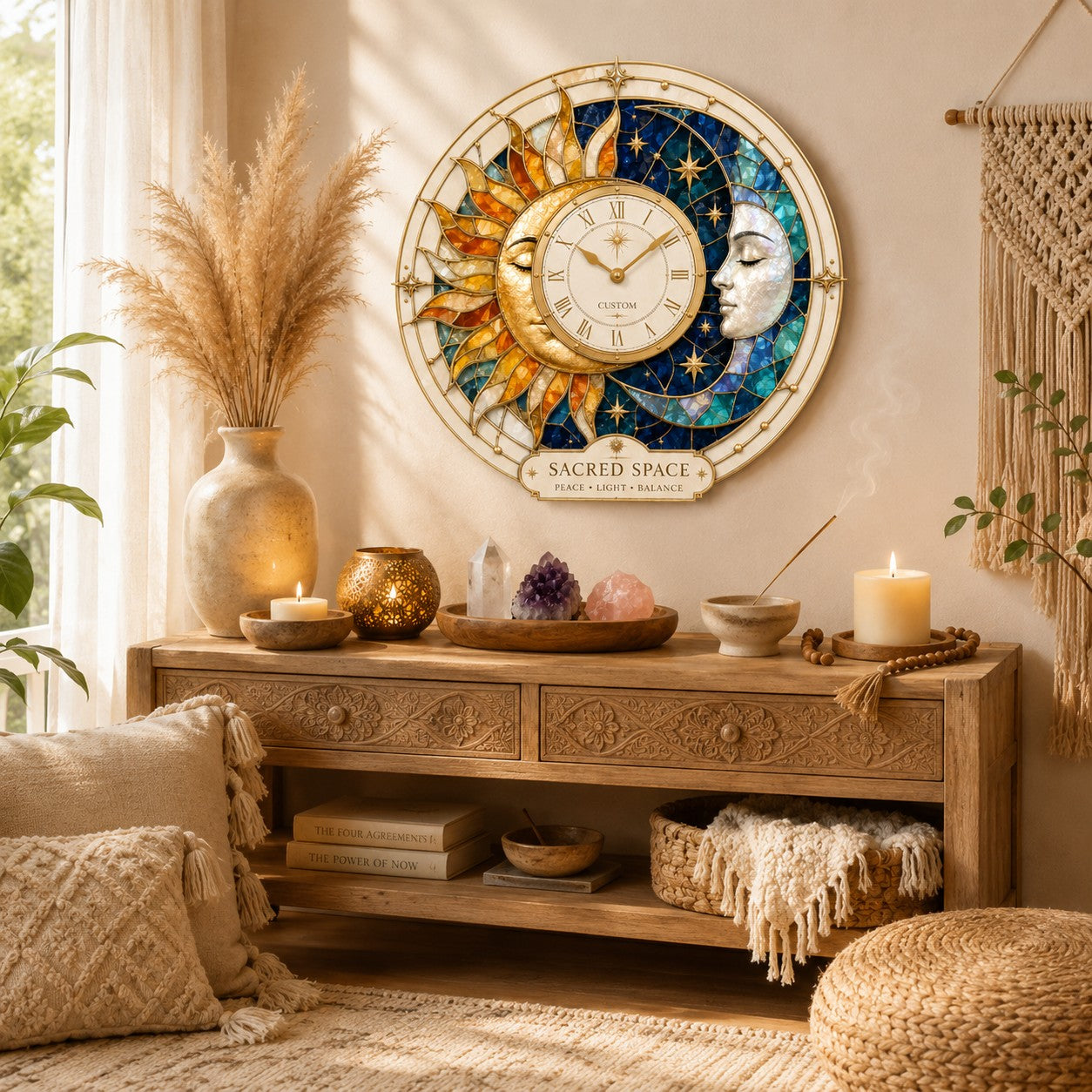 Personalized Sun Moon Sacred Space Wall Clock with Custom Name — personalized with a custom name