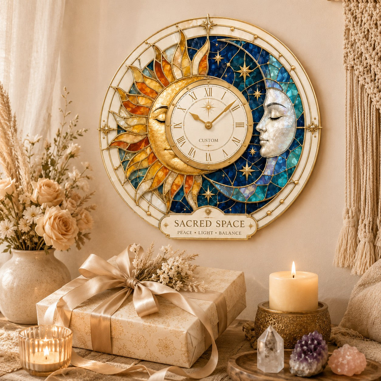 Personalized Sun Moon Sacred Space Wall Clock with Custom Name — personalized with a custom name