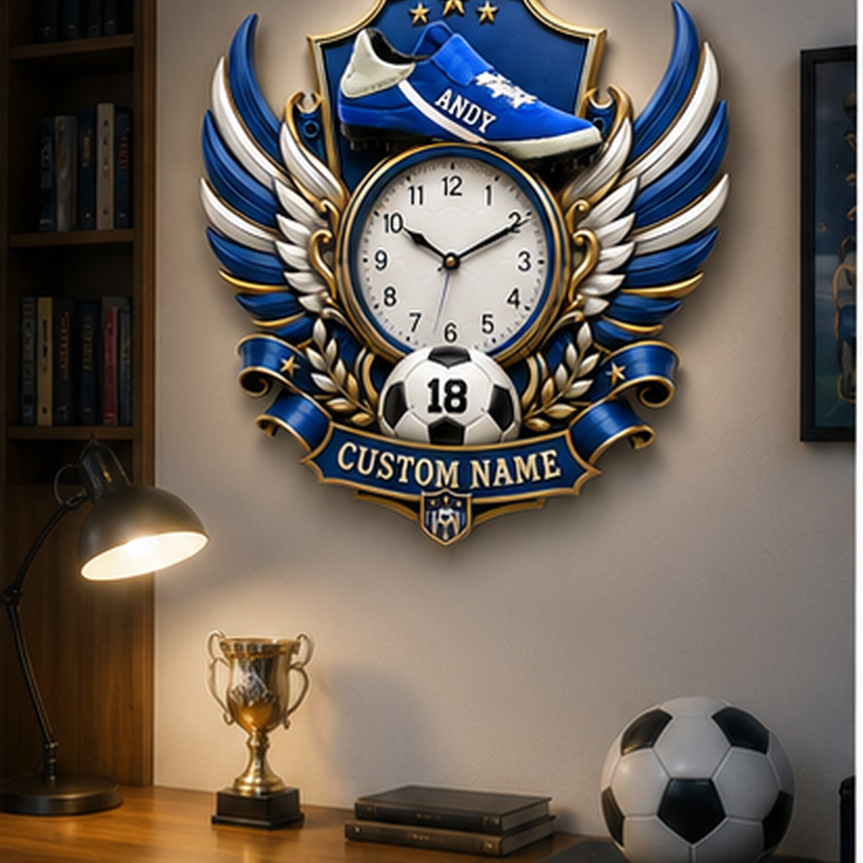 Personalized Youth Soccer Bedrooms Wall Clock with Custom Name — personalized with a custom name