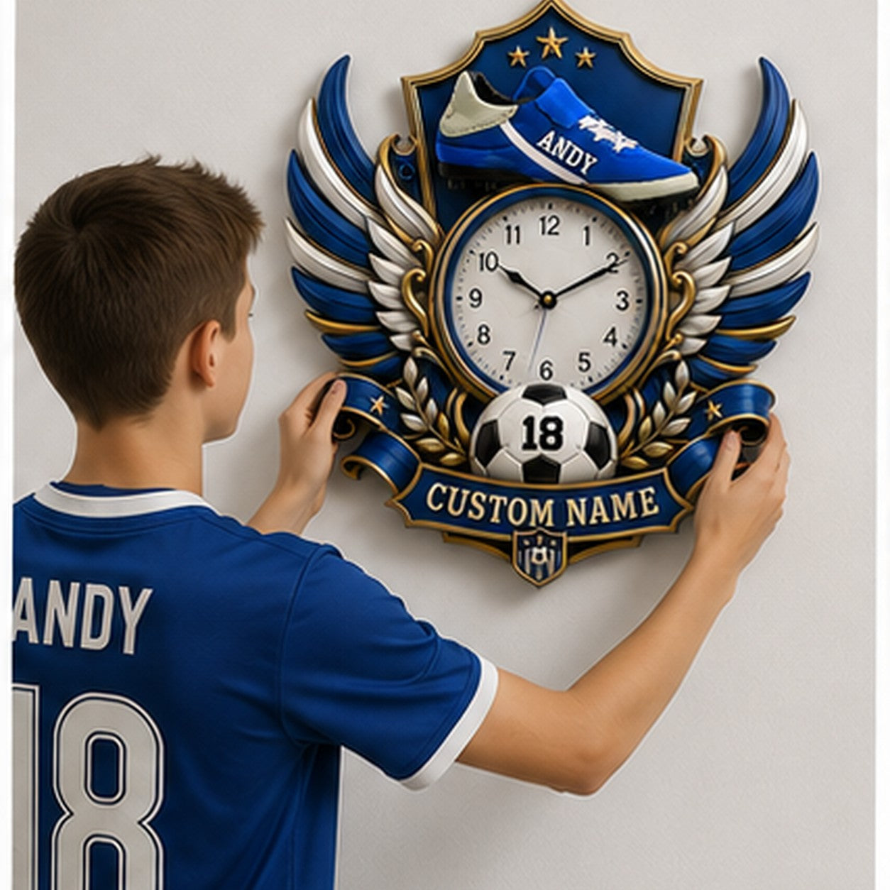 Personalized Youth Soccer Bedrooms Wall Clock with Custom Name — personalized with a custom name