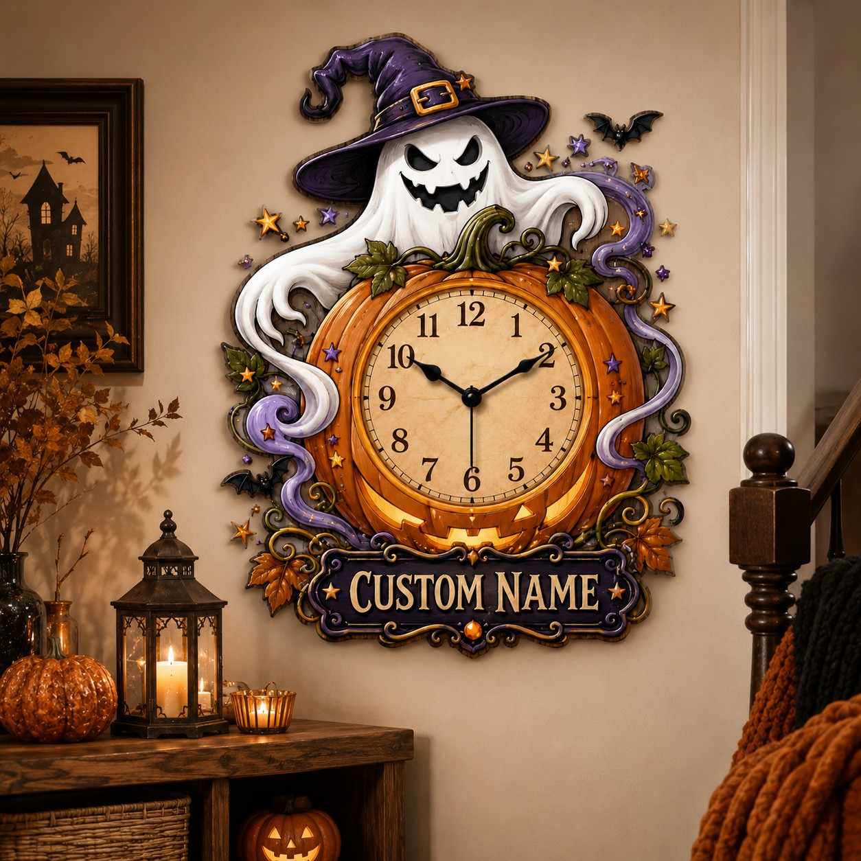 Personalized Family Halloween Decorating Wall Clock with Custom Name — personalized with a custom name