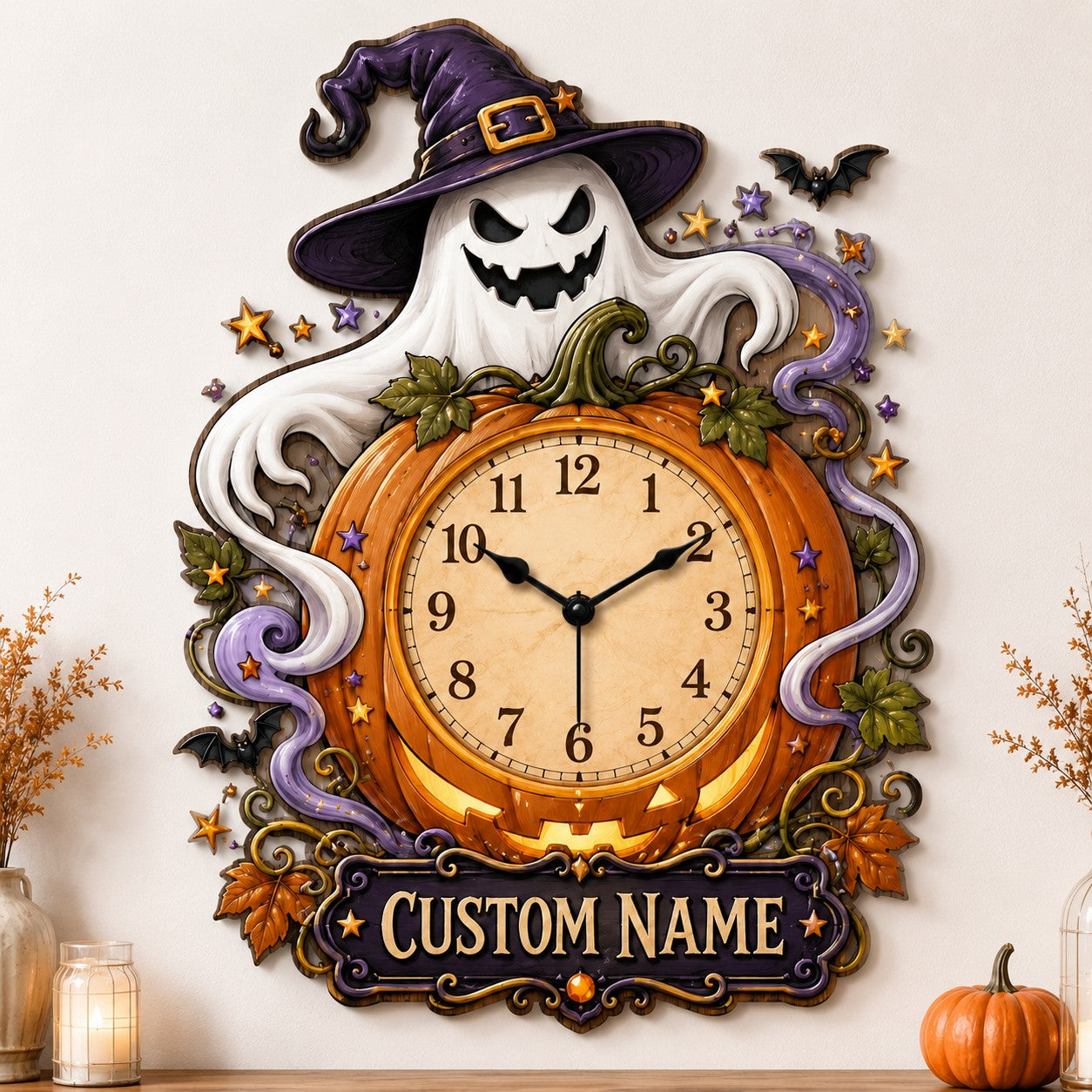 Personalized Family Halloween Decorating Wall Clock with Custom Name — personalized with a custom name