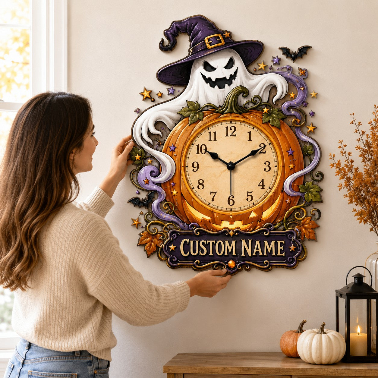Personalized Family Halloween Decorating Wall Clock with Custom Name — personalized with a custom name