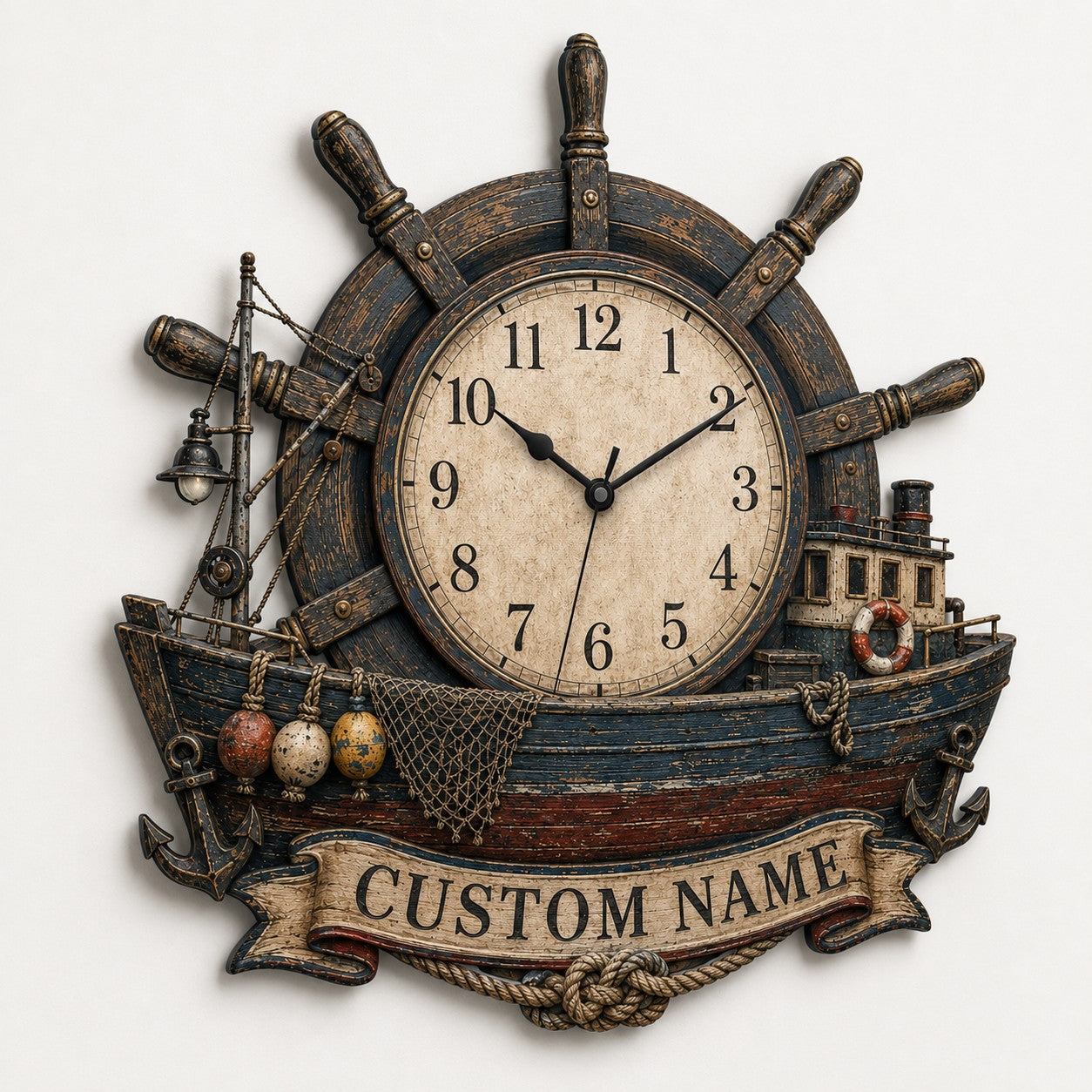 Personalized Helm and Trawler Timepiece Wall Clock with Custom Name — personalized with a custom name