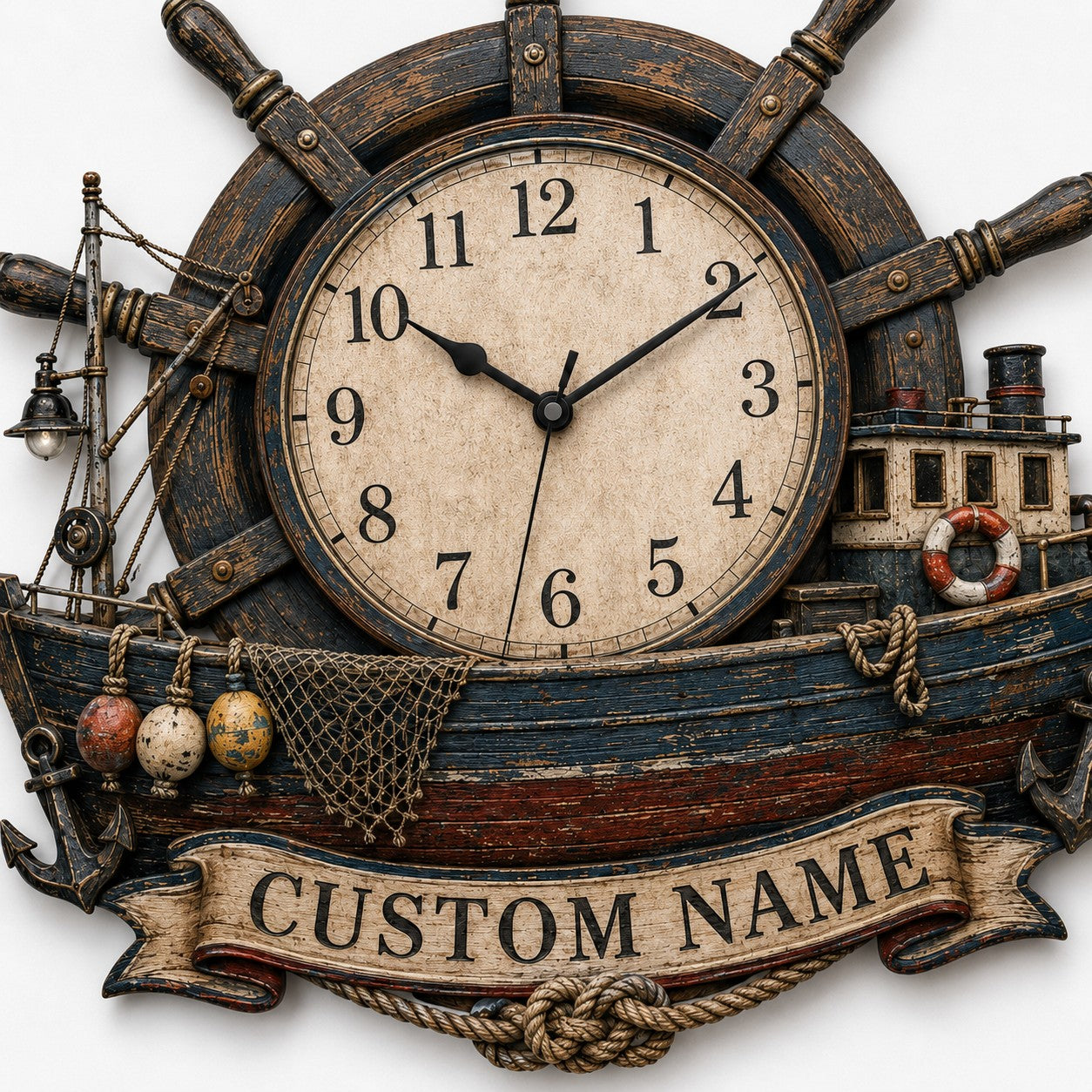 Personalized Helm and Trawler Timepiece Wall Clock with Custom Name — personalized with a custom name
