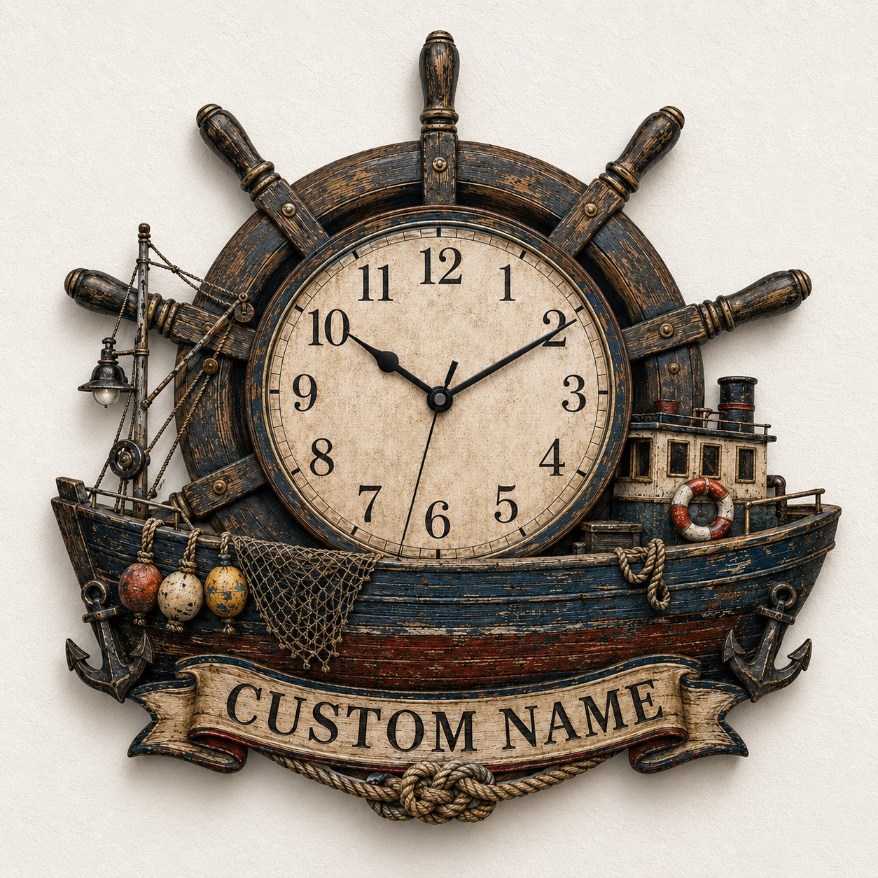 Personalized Helm and Trawler Timepiece Wall Clock with Custom Name — personalized with a custom name