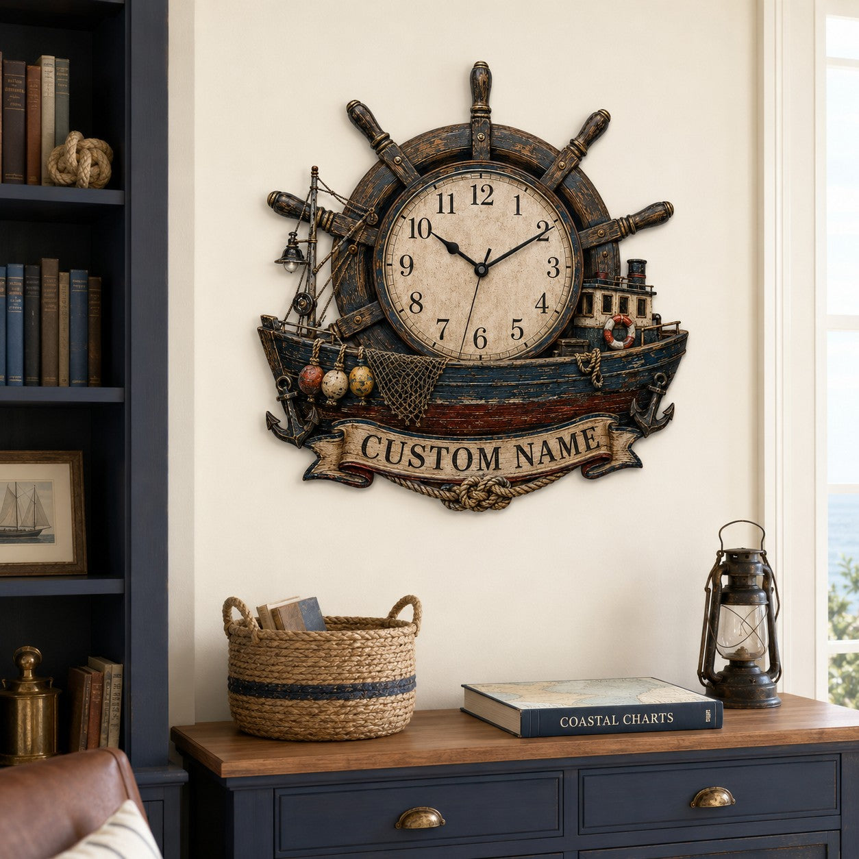 Personalized Helm and Trawler Timepiece Wall Clock with Custom Name — personalized with a custom name