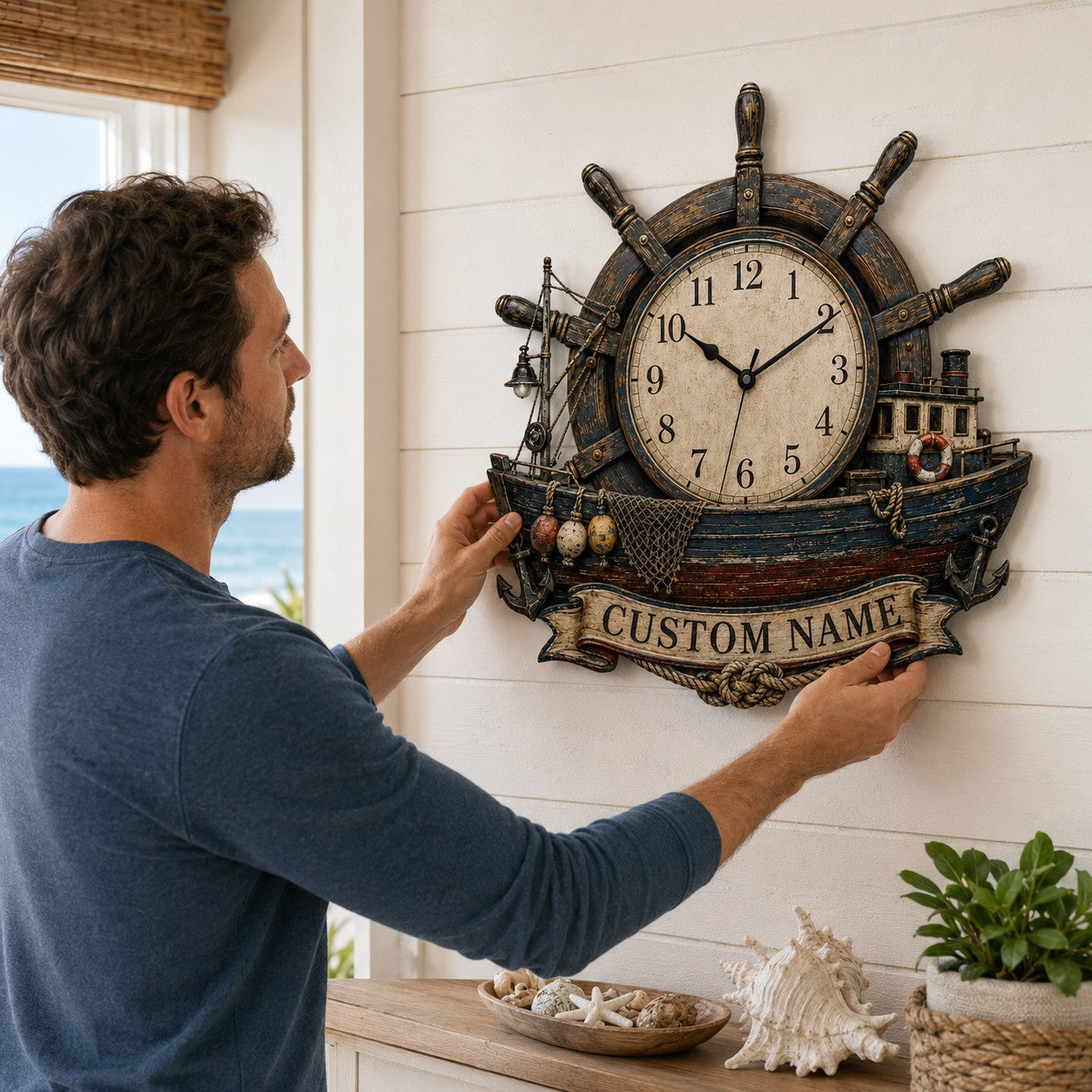 Personalized Helm and Trawler Timepiece Wall Clock with Custom Name — personalized with a custom name