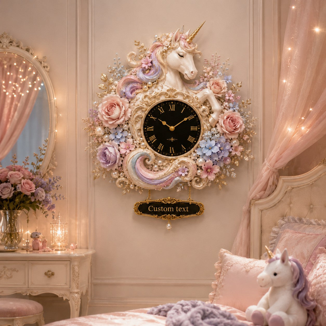 Personalized Unicorn Wall Clock with Custom Name (Design 2) — personalized with a custom name